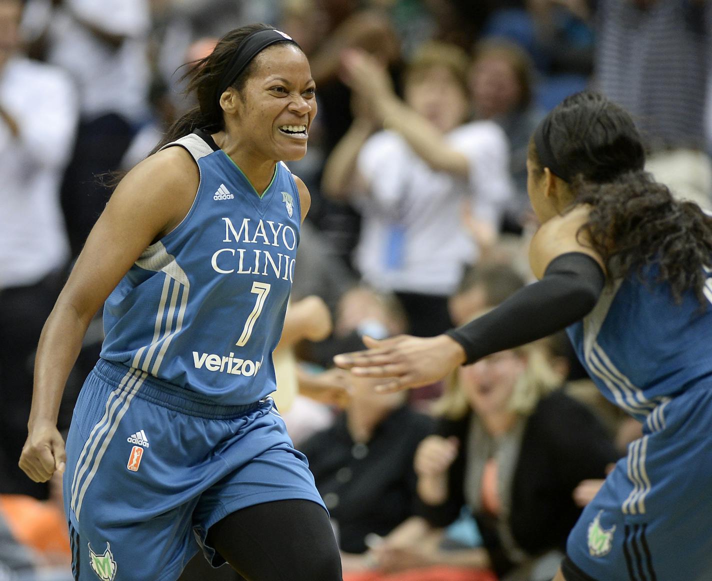 Minnesota Lynx guard Jia Perkins (7) and forward Maya Moore (23) celebrated a 3-pointer by Perkins in the fourth quarter Tuesday. ] (AARON LAVINSKY/STAR TRIBUNE) aaron.lavinsky@startribune.com The Minnesota Lynx play the Phoenix Mercury on Tuesday, June 7, 2016 at Target Center in Minneapolis, Minn.