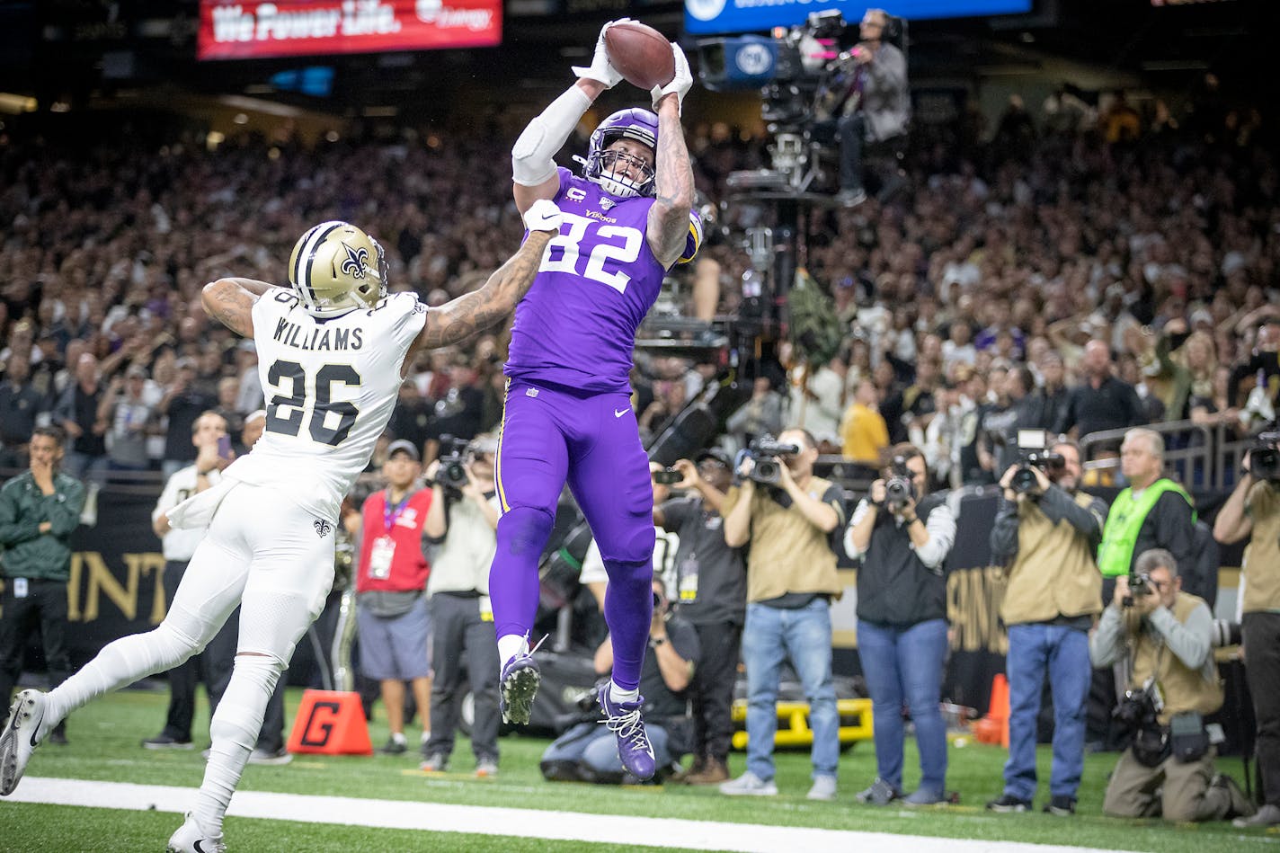 Vikings tight end Kyle Rudolph caught the winning touchdown over New Orleans cornerback P.J. Williams in overtime.