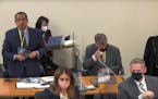In this image from video, Attorney General Keith Ellison, far left, spoke before jury selection in the trial of former Minneapolis police officer Dere