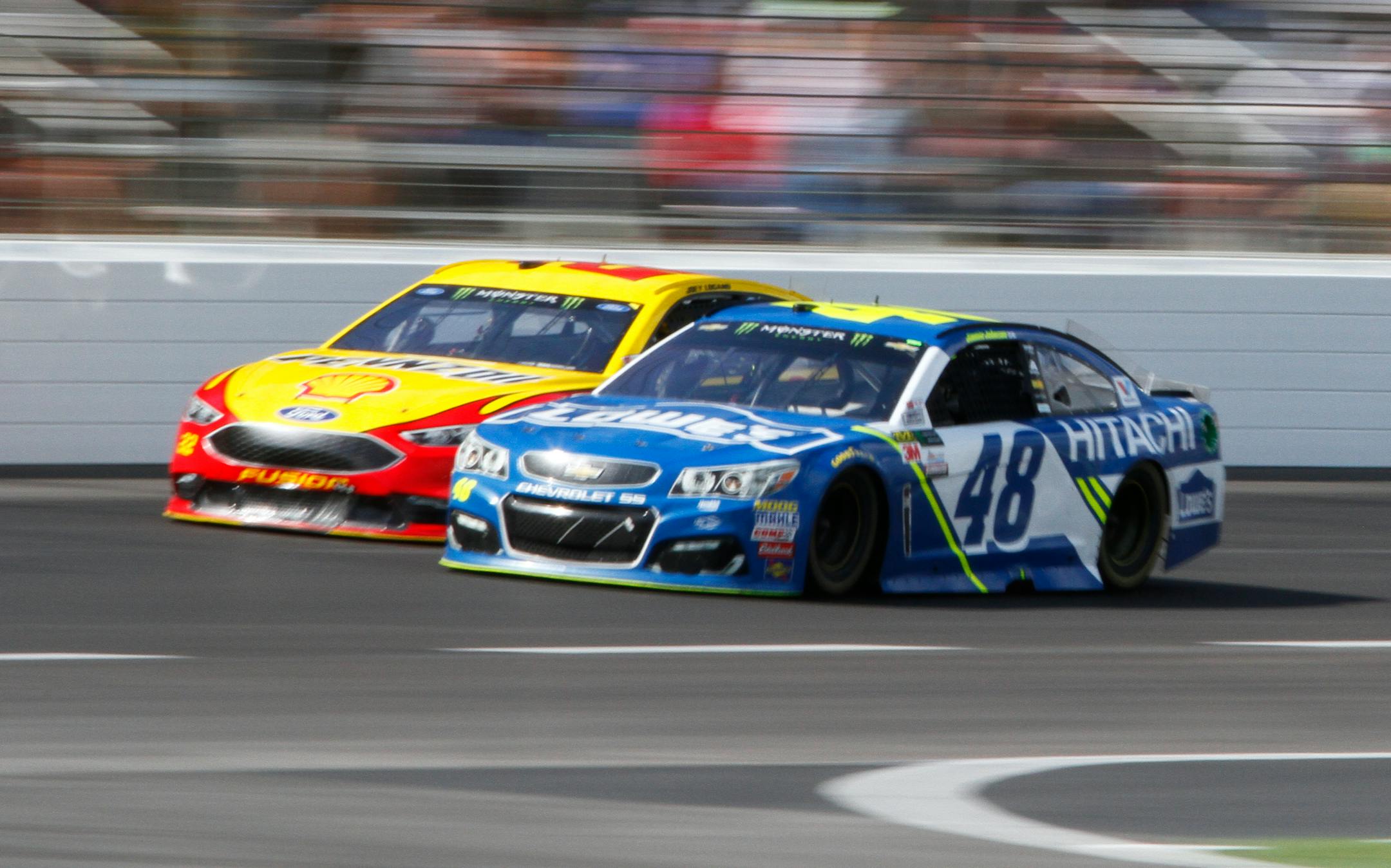 Jimmie Johnson passed Joey Logano with 16 laps to go in the Monster Energy NASCAR Cup O'Reilly Auto Parts 500 at Texas Motor Speedway in Fort Worth, Texas, on Sunday. Johnson won the race, his seventh victory at the track.