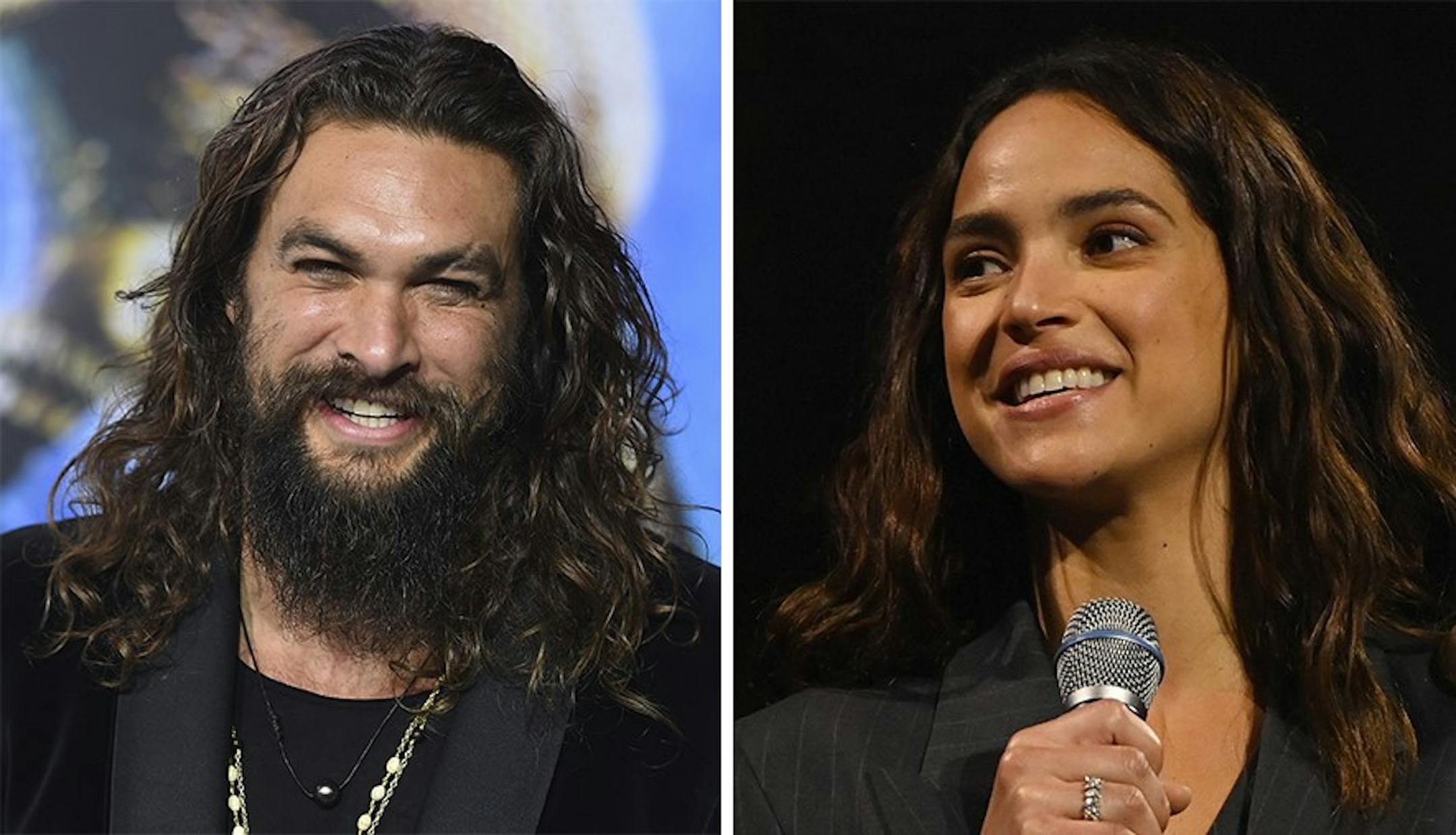 Headshots of Jason Momoa and Adria Arjona.
