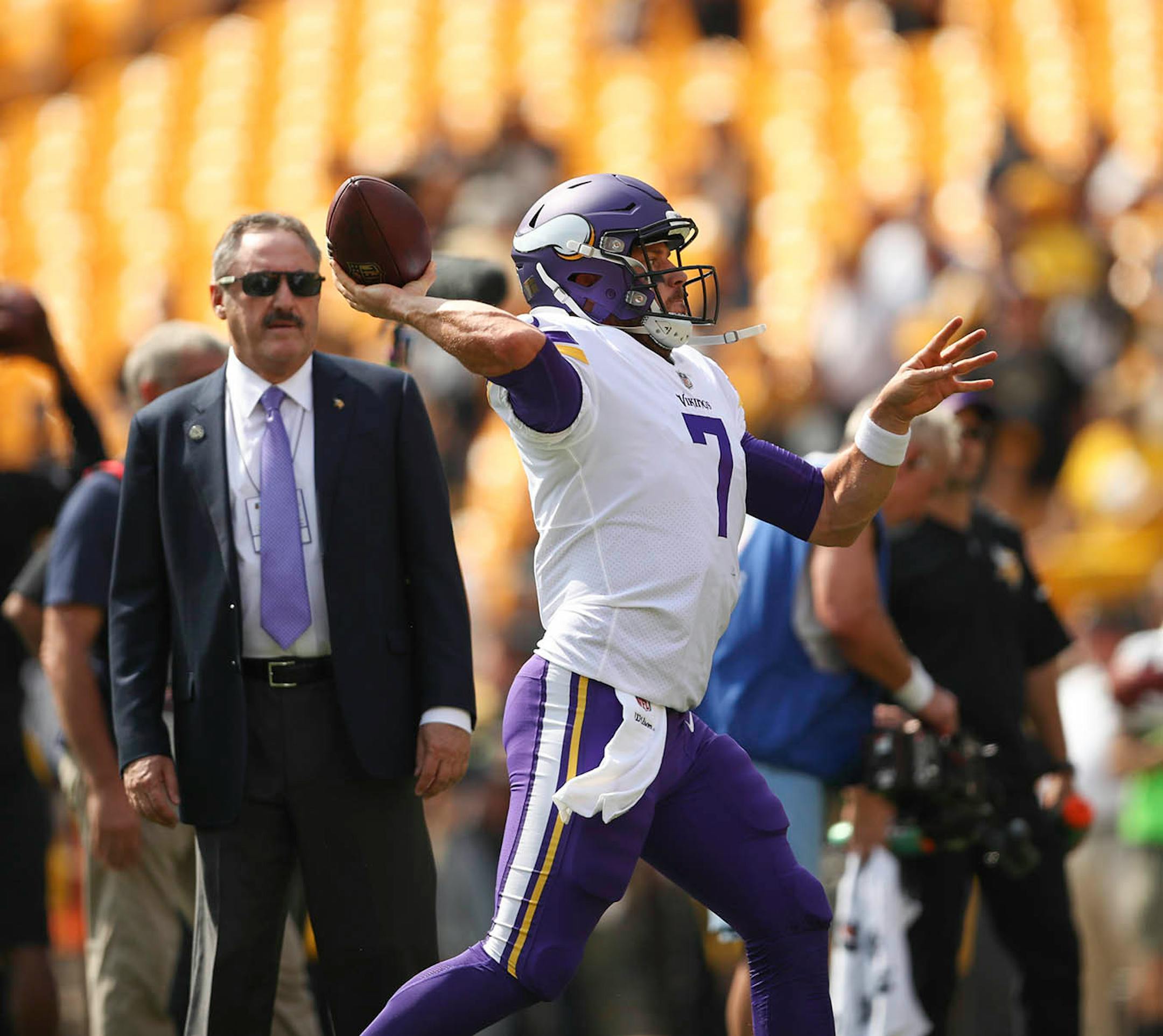Minnesota Vikings quarterback Case Keenum warmed up while Vikings owner Zygi Wilf looked on. Keenum will start for an injured Sam Bradford against the Steelers.