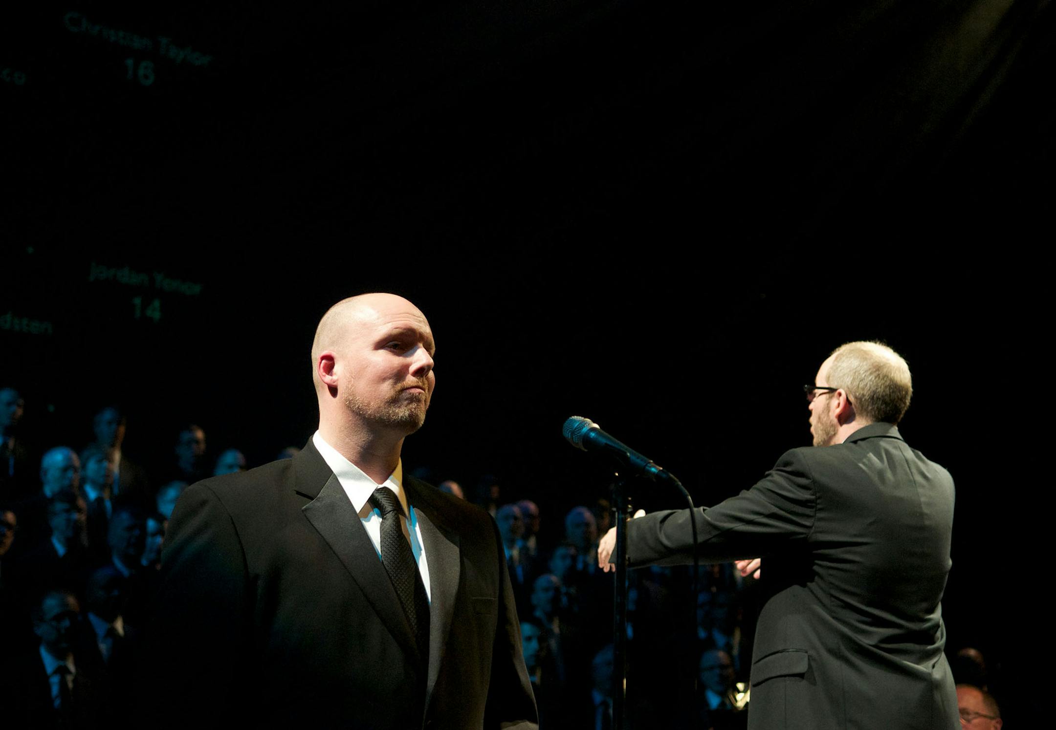 Nathan Croner will sing the title role in "I Am Harvey Milk," led by Twin Cities Gay Men's Chorus artistic director Ben Riggs, rigth. credit: Paul Nixdorf