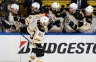 Boston Bruins center Karson Kuhlman (83) was congratulated after scoring a goal against the St. Louis Blues during the third period of Game 6 of the N