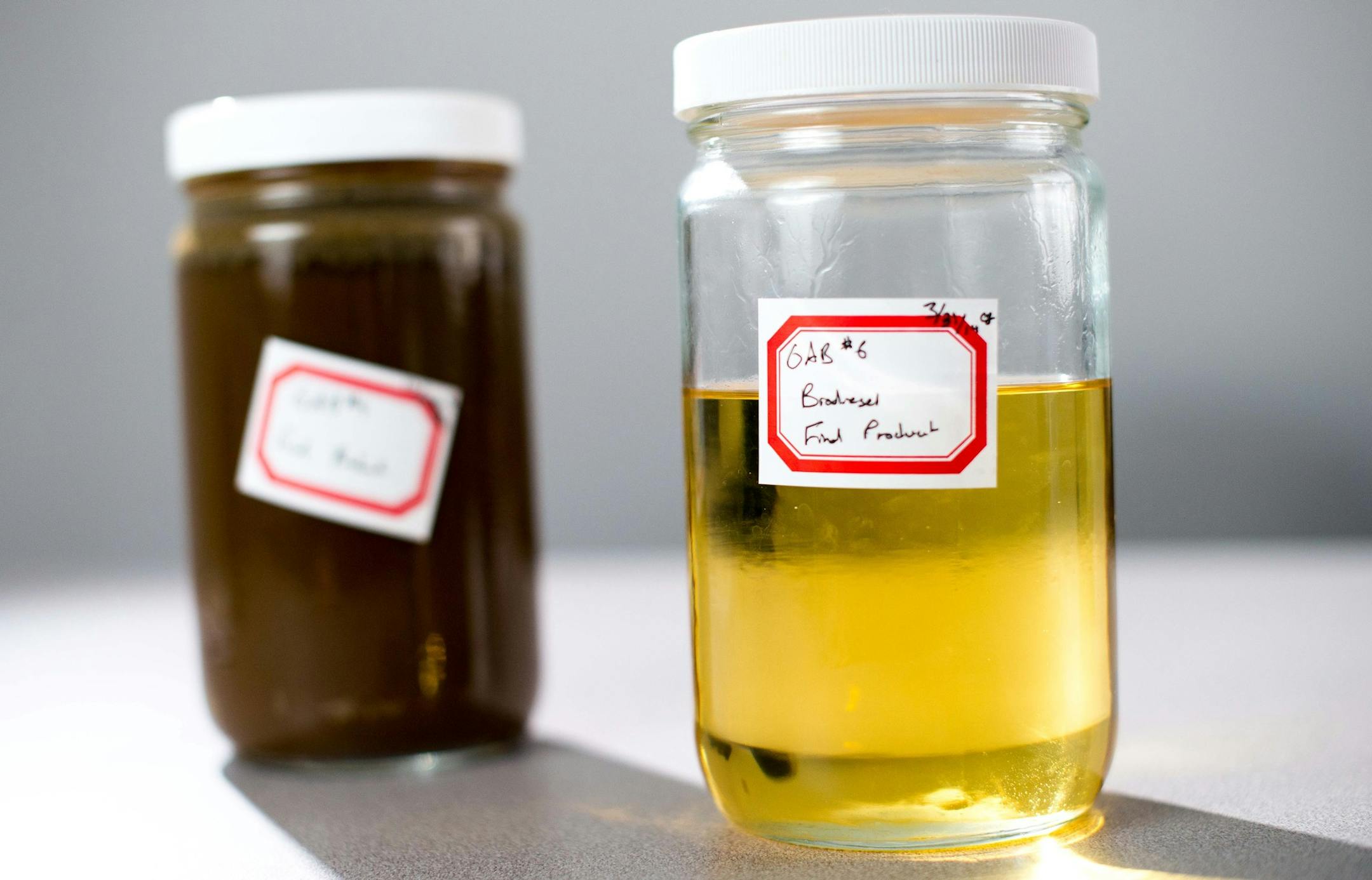 On the right, a sample of distilled bio diesel made from rendered beef tallow, fat collected from dead cattle, pictured on the left. The samples were photographed at Superior Process Technologies. ] AARON LAVINSKY • aaron.lavinsky@startribune.com Engineers Kirk Cobb and Joe Valdespino are photographed at Superior Process Technologies, an under-the-radar biofuel research company in northeast Minneapolis, on Tuesday, Nov. 26, 2014. The company has begun marketing an energy-efficient design
