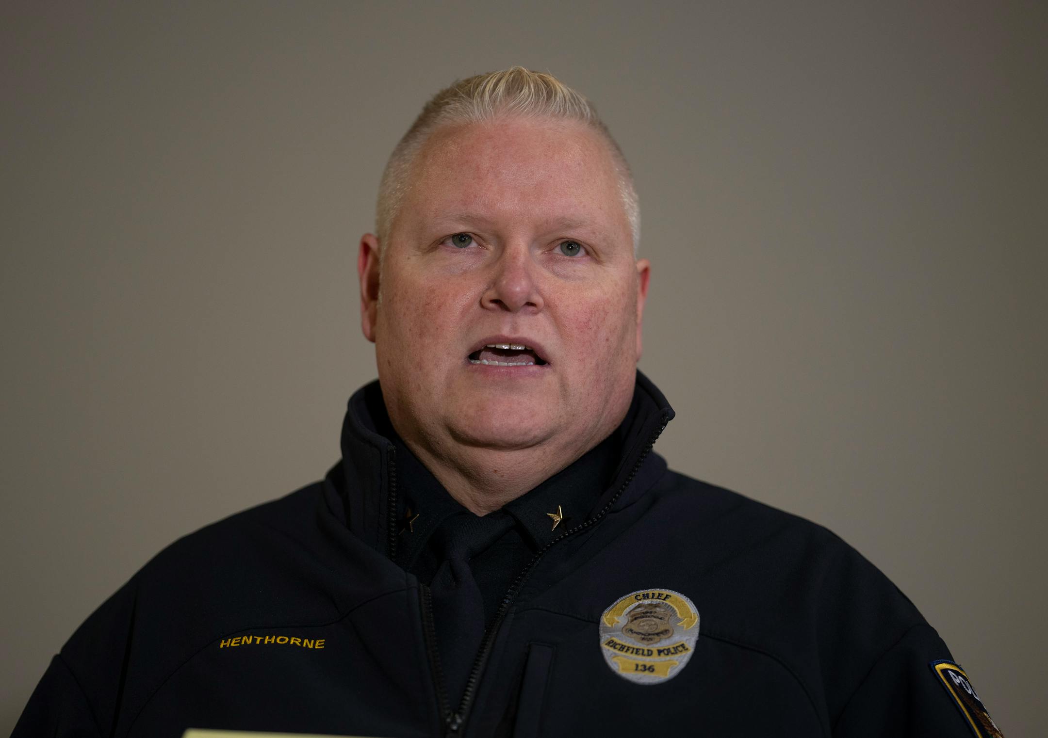 Richfield Chief of Police Jay Henthorne briefed members of the news media Tuesday afternoon, February 1, 2022 at St. Richard's Catholic Church, near the South Education Center, an alternative school in Richfield, Minn. ] JEFF WHEELER • Jeff.Wheeler@startribune.com