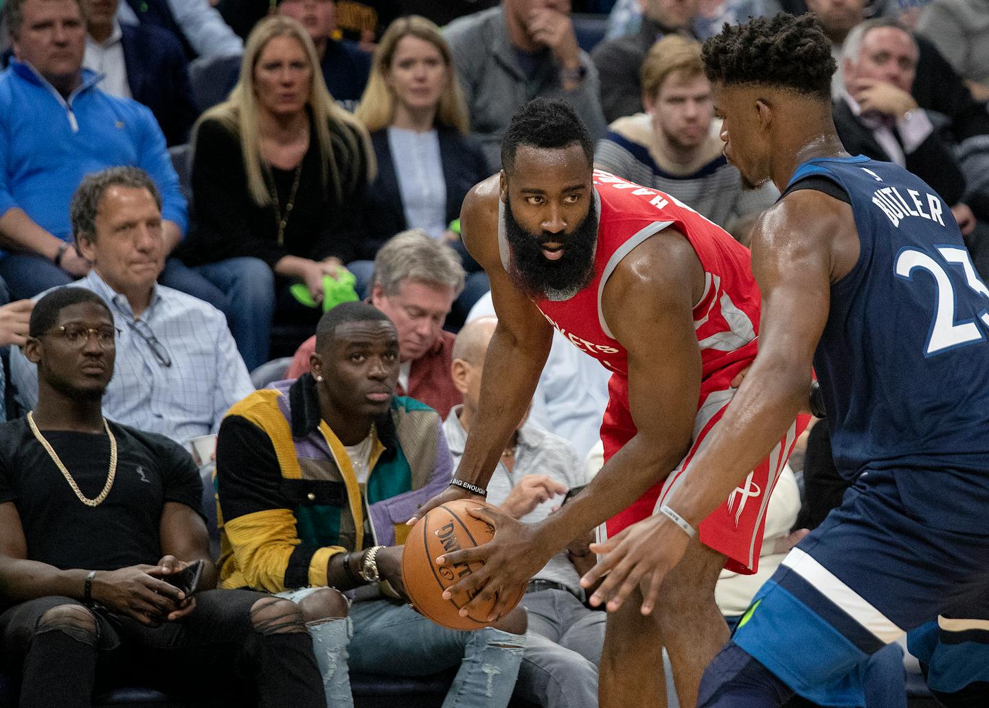 The Rockets' James Harden was defended by the Timberwolves' Jimmy Butler in the third quarter in Game 4 of their playoff series Monday at Target Center. Harden proved again why he is an MVP candidate, scoring 36 points in Houston's 119-100 victory.