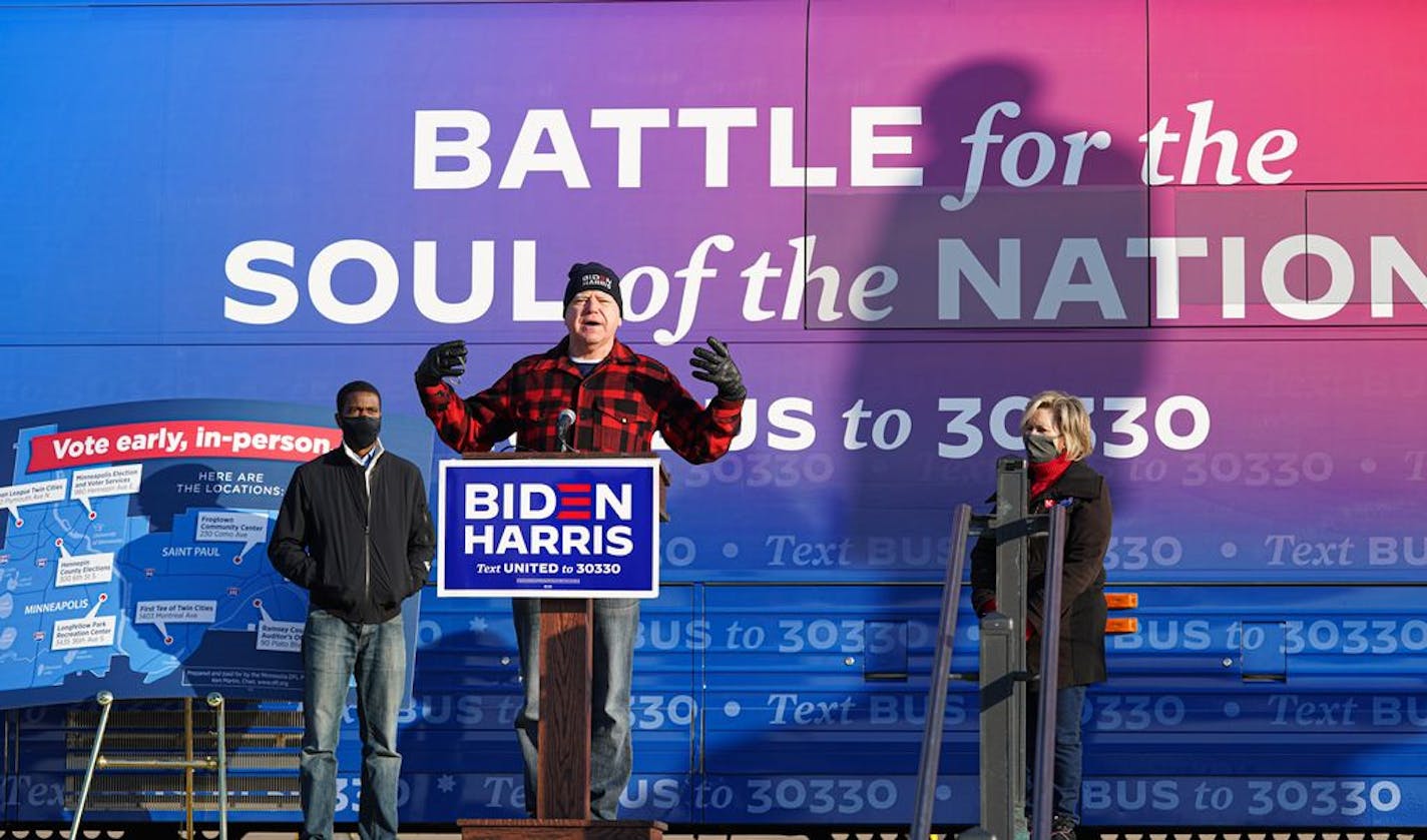 Biden for President Minnesota launched a 'Soul of the Nation' Early Vote Bus Tour across the state Tuesday morning starting at the State Capitol. Governor Tim Walz along with Gwen Walz, St. Paul Mayor Melvin Carter, and State Auditor Julie Blaha were at the kickoff. President Donald Trump's son, Don Jr., was also in Minneapolis on Tuesday to campaign for GOP U.S. Senate candidate Jason Lewis, who is challenging DFL incumbent Tina Smith.