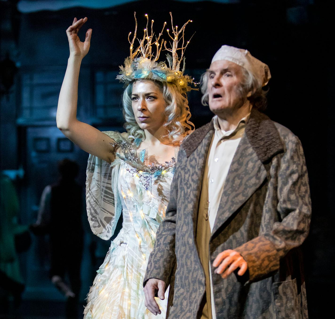 Elizabeth Reese (Ghost of Christmas Past/Jane) and Nathaniel Fuller (Ebenezer Scrooge/Old Joe for select performances) in the 2019 Guthrie Theater&#x2019;s production of "A Christmas Carol" by Charles Dickens. Dan Norman photo