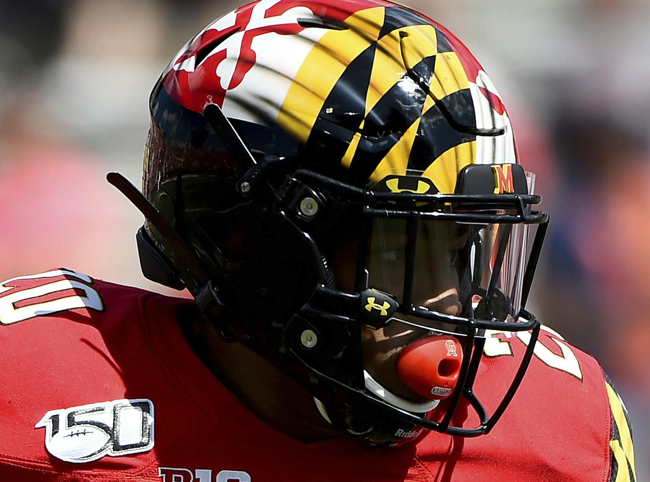 Maryland Terrapins running back Javon Leake (20) runs the ball during the first half of an NCAA college football game against the Syracuse Orange, Saturday, Sept. 7, 2019, in College Park, Md. (AP Photo/Will Newton) ORG XMIT: MDWN106
