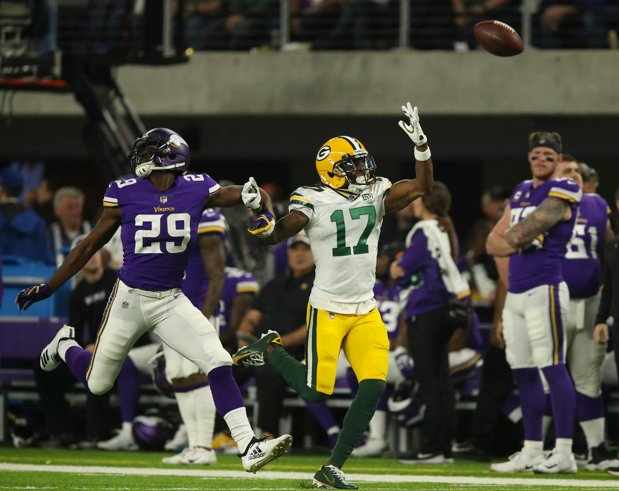 Vikings cornerback Xavier Rhodes was penalized for interfering with Green Bay wide receiver Davante Adams last season.