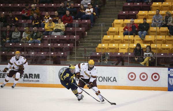 Gophers defenseman Steve Johnson (4) stickhandled away from the defense of Wolverines forward Dexter Dancs (39) before scoring in the third period. ] 