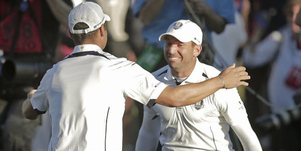 Europe's Sergio Garcia and Martin Kaymer during the Ryder Cup.
