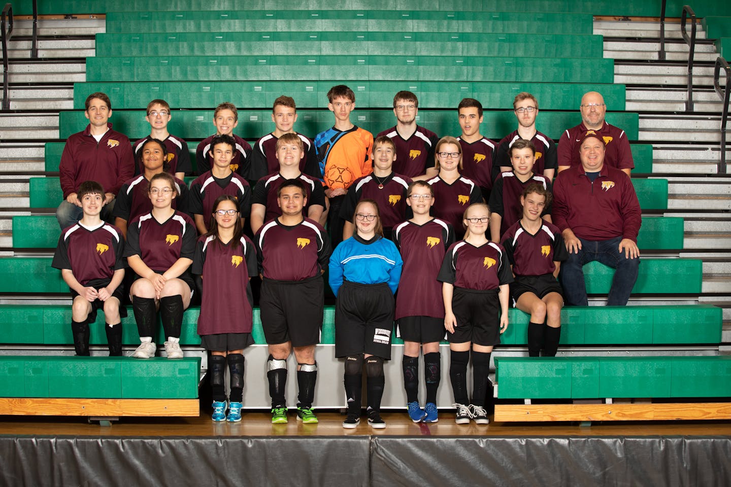 South Washington County Thunderbolts adapted sports team, competing in the cognitively impaired division. Row 1 (L-R): Logan Yanarelly, Aleachia Cook, Bree Krueger, Josh Fruhwirth, Lydia Osburn, Bobby Zahradka, Catrina Skoog, Carlie Kothe. Row 2: Brian Barcelon, Randy Noyola, Ryan Anderson, Allen Gillman, Greta Klinga, Peyton Chlebecek, Asst. Coach Jeff Figlmiller. Row 3: Asst. Coach Paul Johnson, Carson Rinnels, Matthew Jenkins, Jack Swedahl, Devon Lanz, Nathan Ponder, Elliot Miller, Tyler Tinu