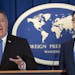 Secretary of State Mike Pompeo, left, and Treasury Secretary Steven Mnuchin, present details of the new sanctions on Iran, at the Foreign Press Center