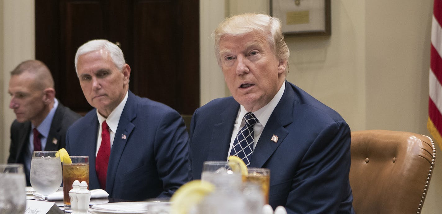 President Donald Trump comments on the apparent failure of the Senate to pass health care legislation, during a luncheon with veterans at the White House in Washington, July 18, 2017. " Trump said that his plan was now to let Obamacare fail. &#xec;It will be a lot easier,&#xee; Trump said. &#xec;We&#xed;re not going to own it. I&#xed;m not going to own it.&#xee; From left: Col. Joseph Wawro, Vice President Mike Pence, Trump and H.R. McMaster, the national security adviser. (Stephen Crowley/The N