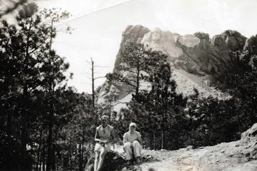 Erna Zahn, right, visiting Mount Rushmore with a friend in July 1934. George Washington’s head was the only completed portion of the monument.