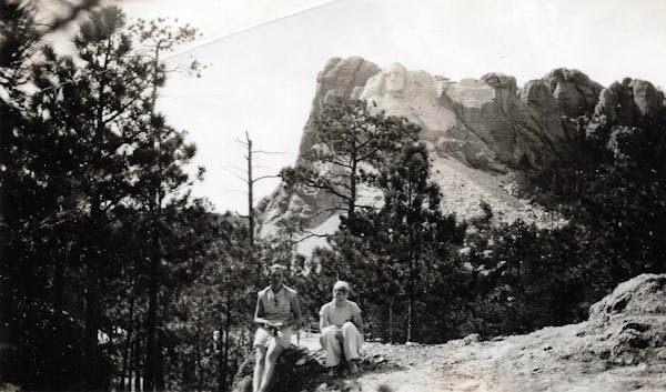 Erna Zahn, right, visiting Mount Rushmore with a friend in July 1934. George Washington’s head was the only completed portion of the monument.