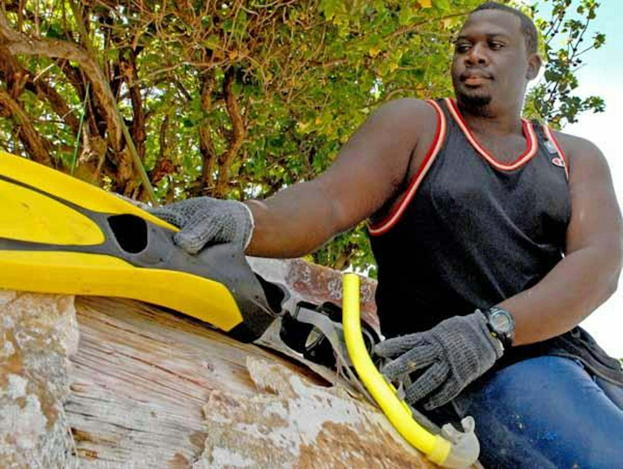 Thieu Henry dives all day five days a week, spearfishing near Antgua, West Indies.