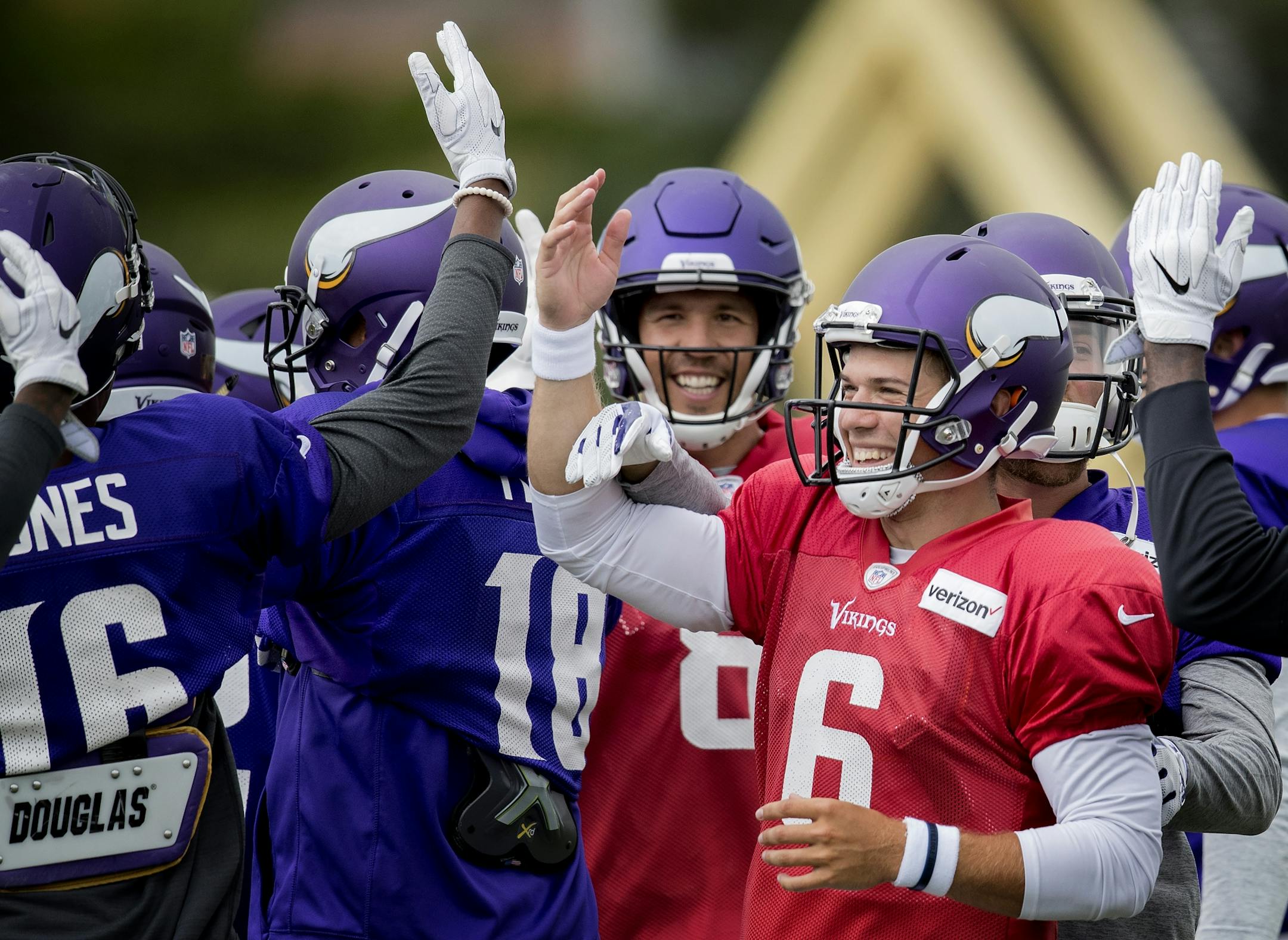 Minnesota Vikings quarterbacks and receivers enjoyed a lighthearted moment during the afternoon practice.