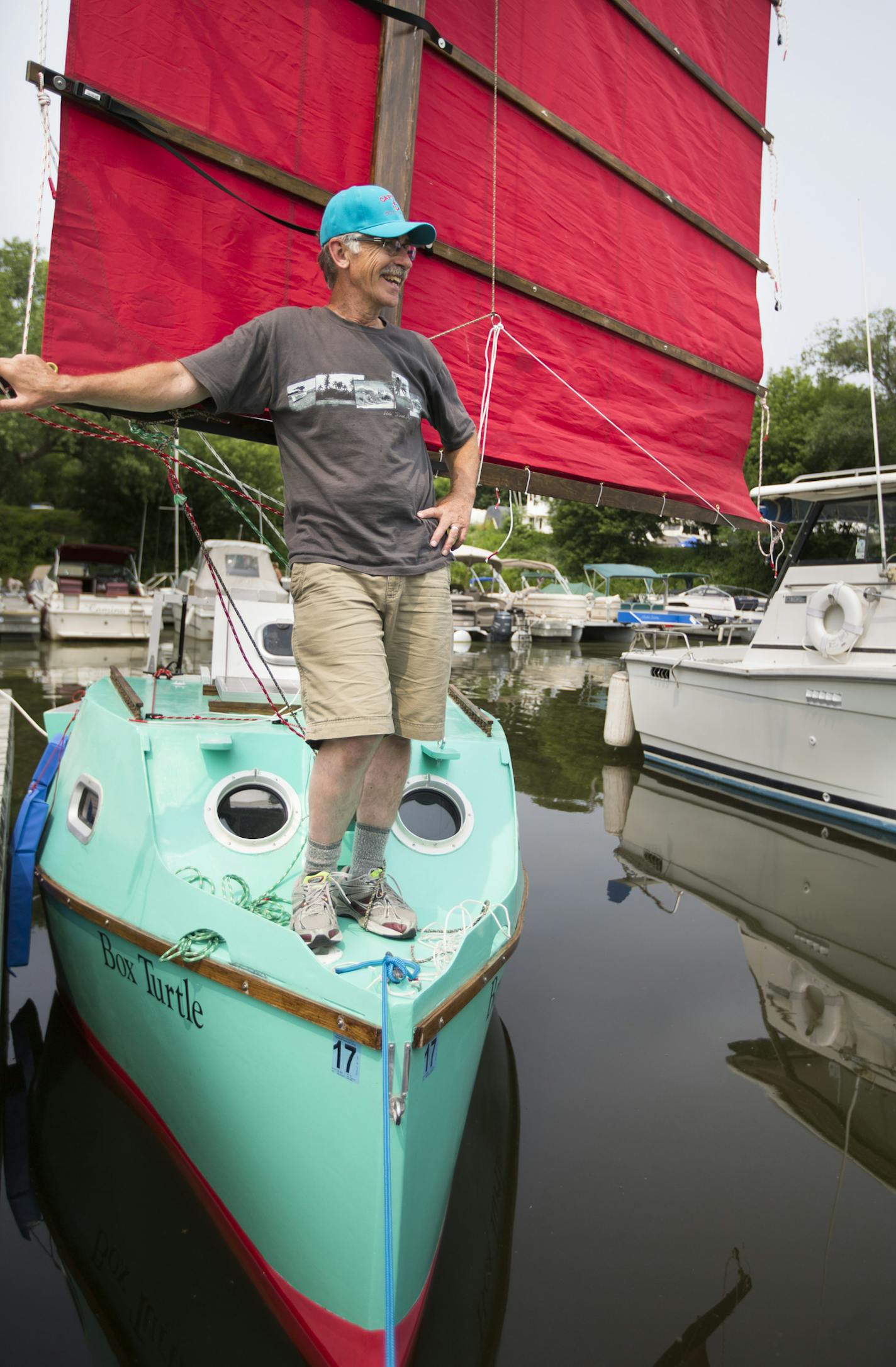 Bert Chamberlain is sailing down the Mississippi River to New Orleans starting this weekend in the sailboat he made and named Box Turtle. He was photographed on Friday, July 3, 2015, in St. Paul, Minn. ] RENEE JONES SCHNEIDER &#xef; reneejones@startribune.com