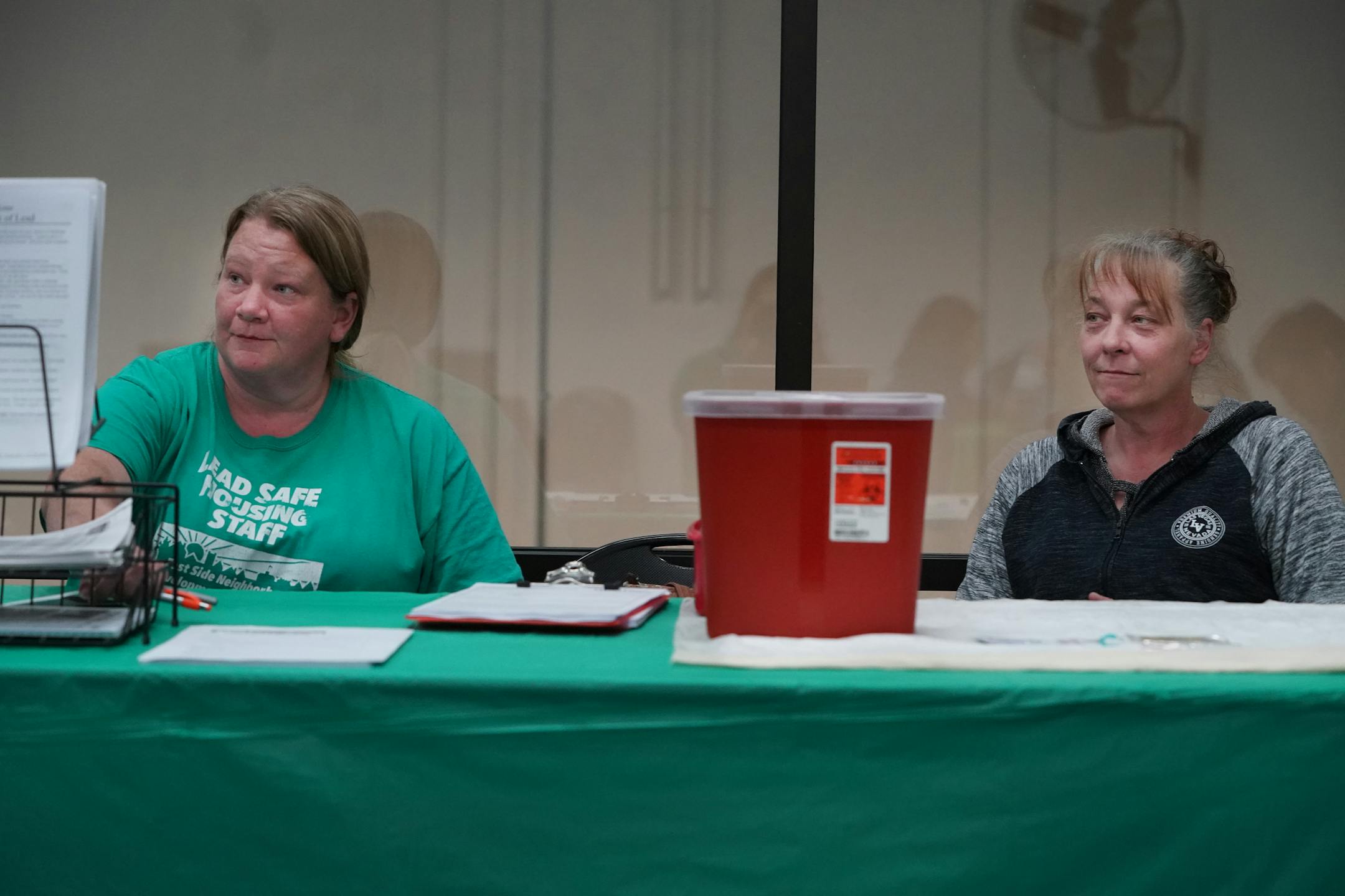 Laura Clouser,left, and Jennifer Beckenbach were ready Tuesday with test kits for the children of Water Gremlin employees. Some have shown to be poisoned with lead dust.
