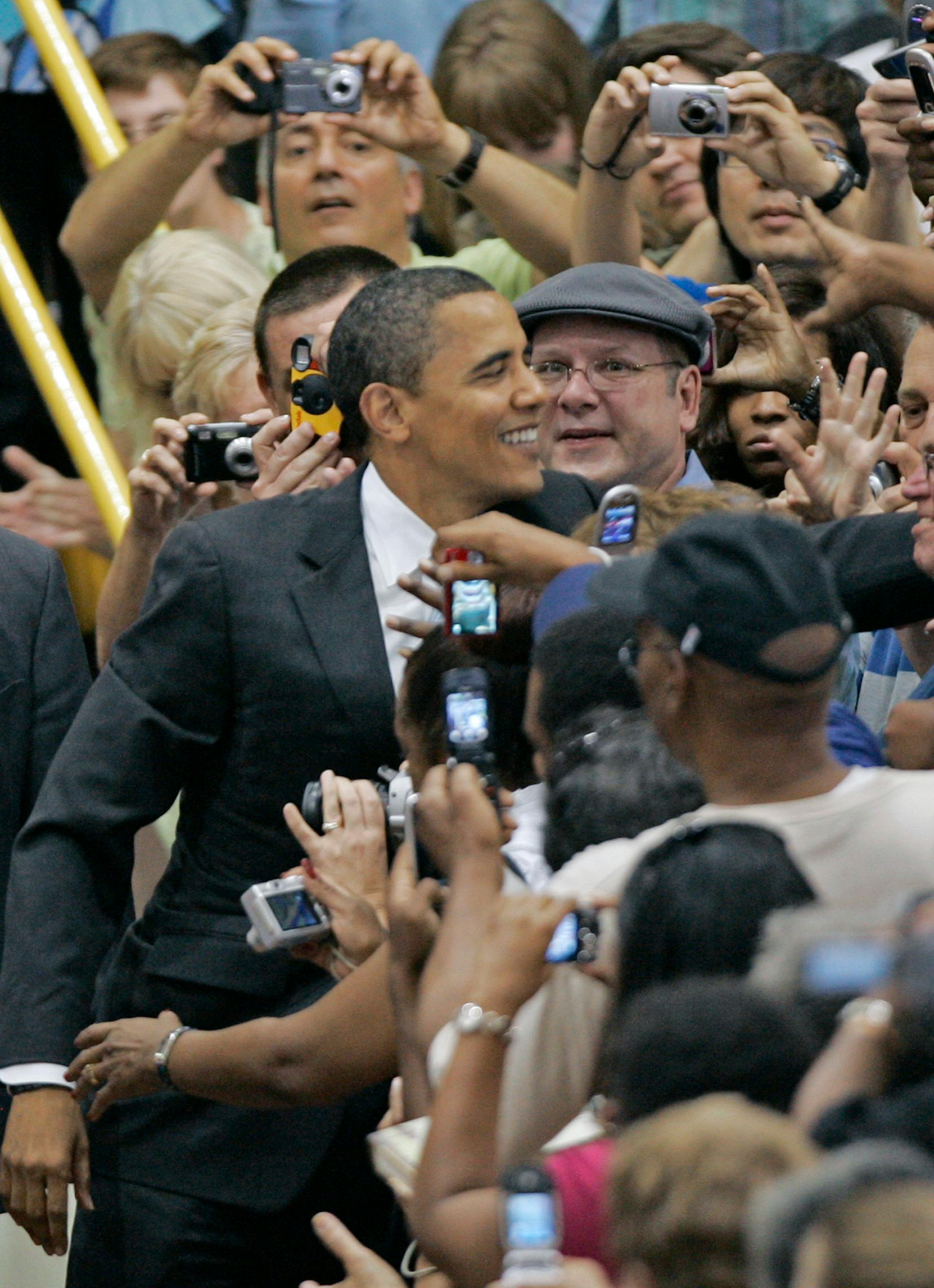 Democratic presidential candidate Sen. Barack Obama arrives for a town hall-style meeting at Baldwin Wallace College in Berea, Ohio, Tuesday.