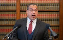 Attorney General Keith Ellison speaks during a press conference at the Attorney General’s Office inside the Minnesota State Capitol in St. Paul, Min