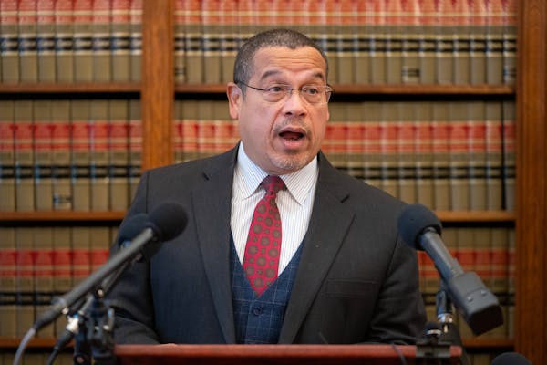 Attorney General Keith Ellison speaks during a press conference at the Attorney General’s Office inside the Minnesota State Capitol in St. Paul, Min