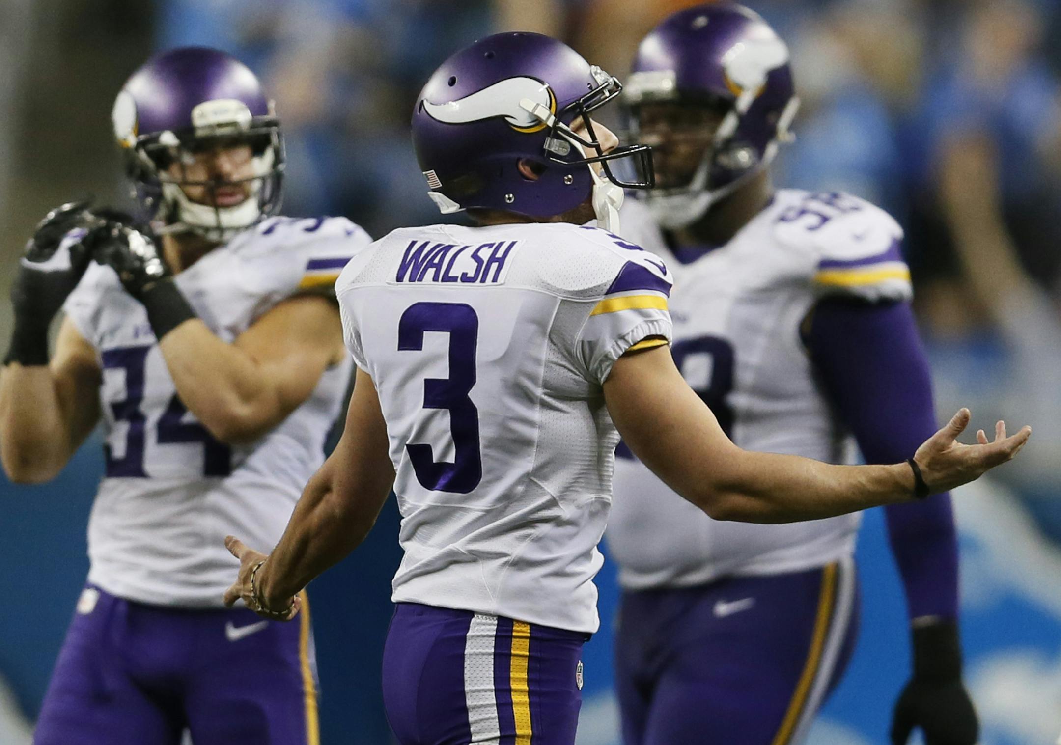 Minnesota Vikings kicker Blair Walsh (3) reacts after his forth quarter field goal attempt was blocked at Ford Field Sunday December 14, 2014 in Detroit , MI. ] The Lions beat the Vikings 16-14. . Jerry Holt Jerry.holt@startribune.com