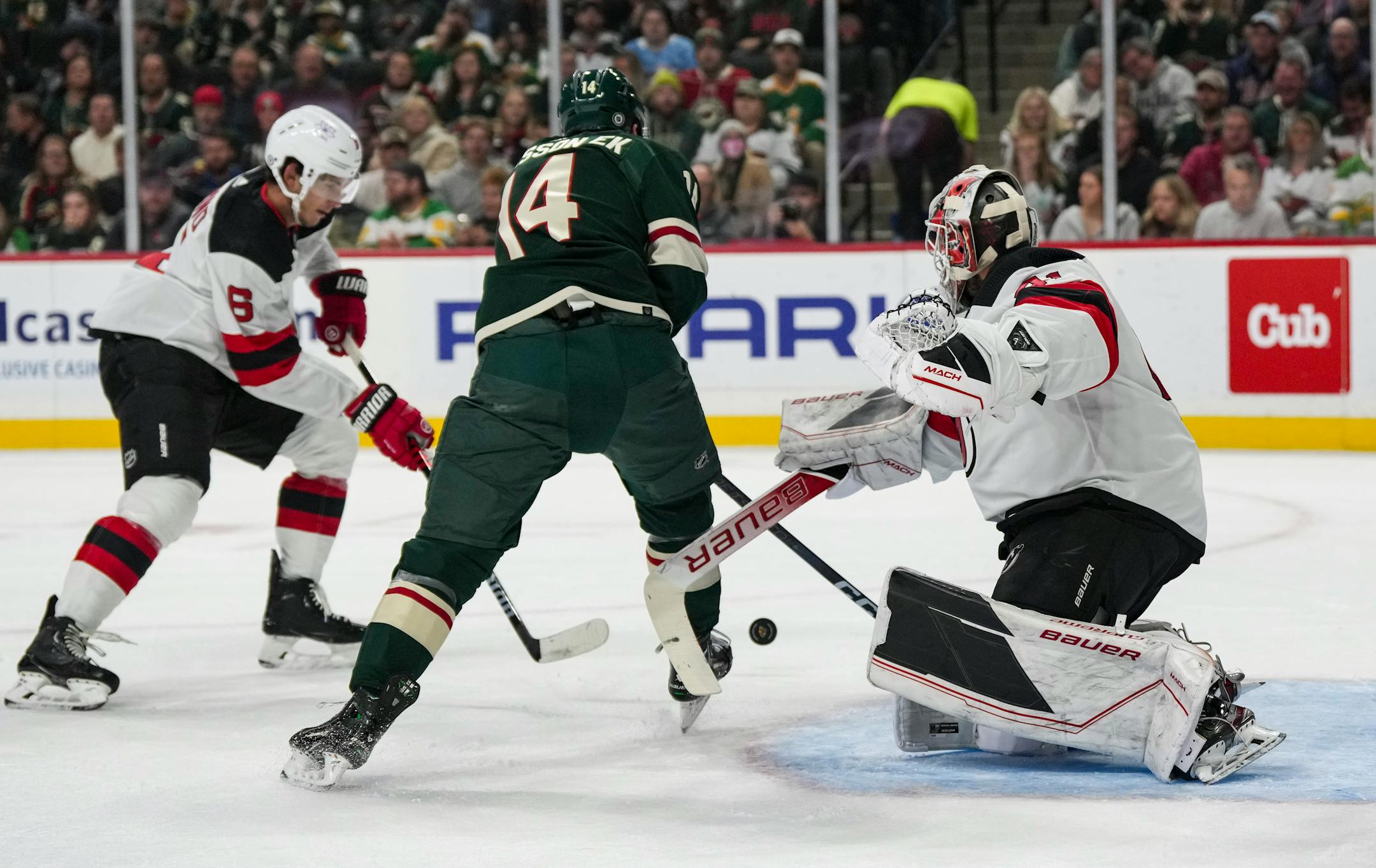 Minnesota Wild center Joel Eriksson Ek (14) tries to score on New Jersey Devils goaltender Vitek Vanecek (41) in the first period. The Minnesota Wild hosted the New Jersey Devils at the Xcel Energy Center on Thursday, Nov. 2, 2023 in St. Paul, Minn. ] RENEE JONES SCHNEIDER • renee.jones@startribune.com