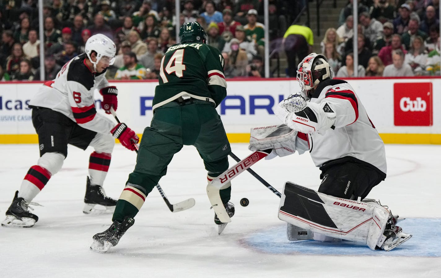 Minnesota Wild center Joel Eriksson Ek (14) tries to score on New Jersey Devils goaltender Vitek Vanecek (41) in the first period. The Minnesota Wild hosted the New Jersey Devils at the Xcel Energy Center on Thursday, Nov. 2, 2023 in St. Paul, Minn. ] RENEE JONES SCHNEIDER • renee.jones@startribune.com