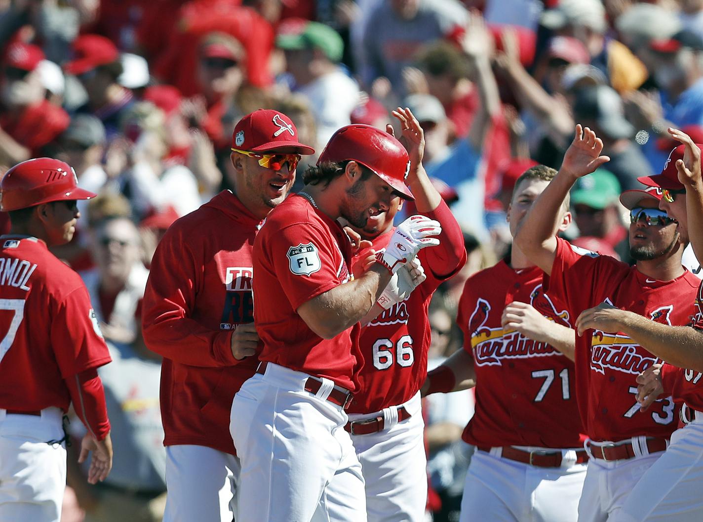 St. Louis Cardinals' Randal Grichuk (15), center, is mobbed by his teammates after driving in the game-winning run with a single in the ninth inning of a spring training baseball game against the Minnesota Twins Thursday, March 16, 2017, in Jupiter, Fla. (AP Photo/John Bazemore)