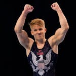 Shane Wiskus celebrates after competing in the floor exercise during the men's U.S. Olympic Gymnastics Trials Saturday, June 26, 2021, in St. Louis. (