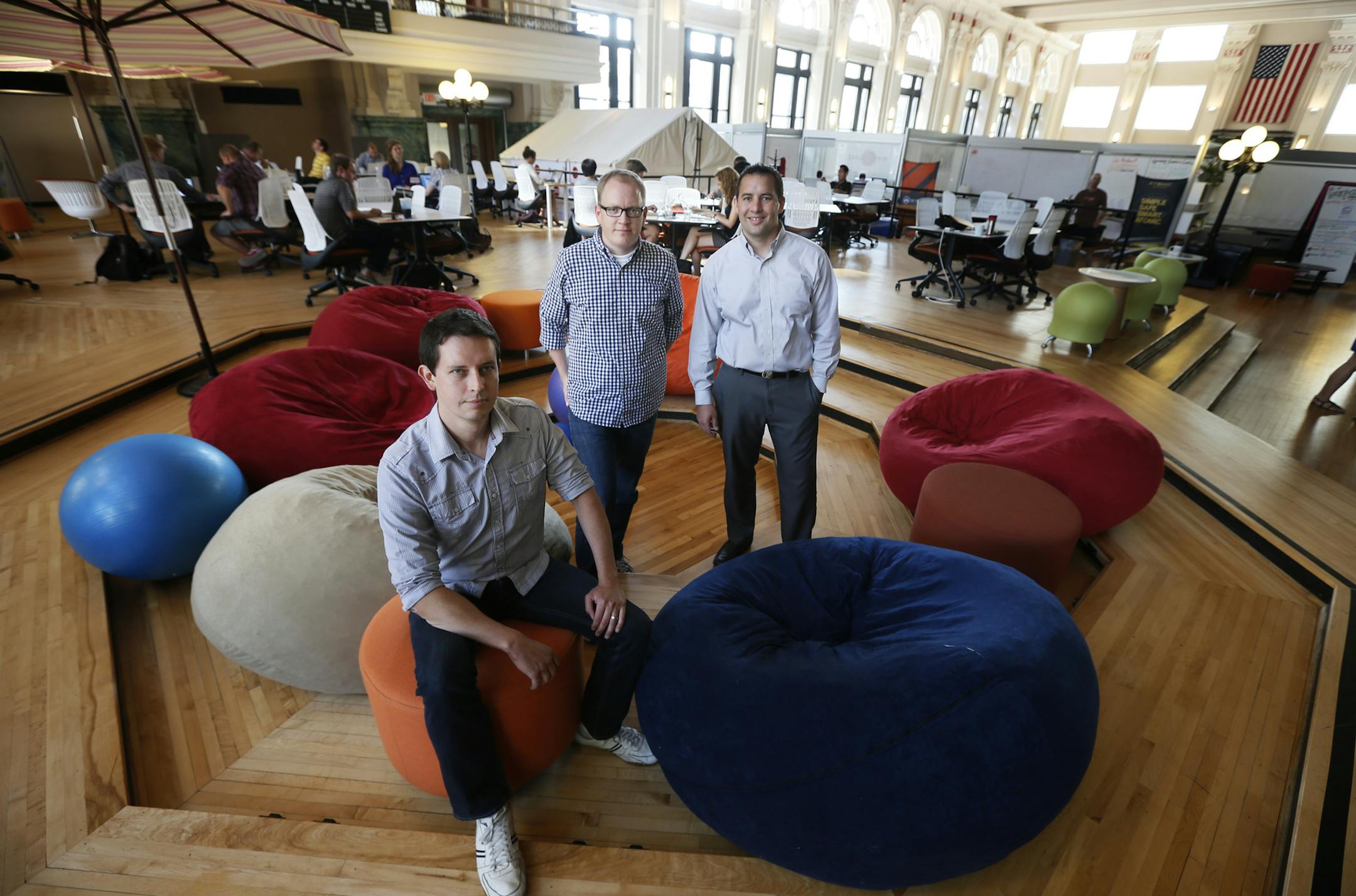 Nils Hansen, left Robert Nelson and Bill Pauling posed for a portrait at the Minneapolis Grain Exchange Building Wednesday July 10, 2013 . Pauling, a real estate agent, recently launched 400 Doors - a website that helps real estate agents network pre listings and buyer needs. ] JERRY HOLT ‚Ä¢ jerry.holt@startribune.com