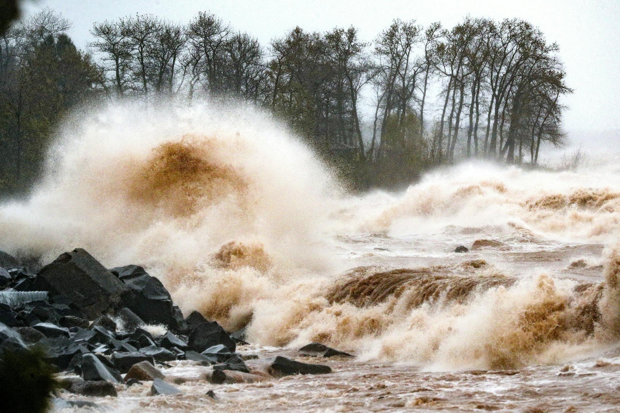 Large waves on Lake Superior batter the shore at Brighton Beach during Wednesday's storm in Duluth. --- Clint Austin / caustin@duluthnews.com