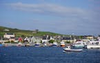 The colorful houses and storefronts of Dingle Town stand out against the blue of Dingle Bay and the green of the hills.