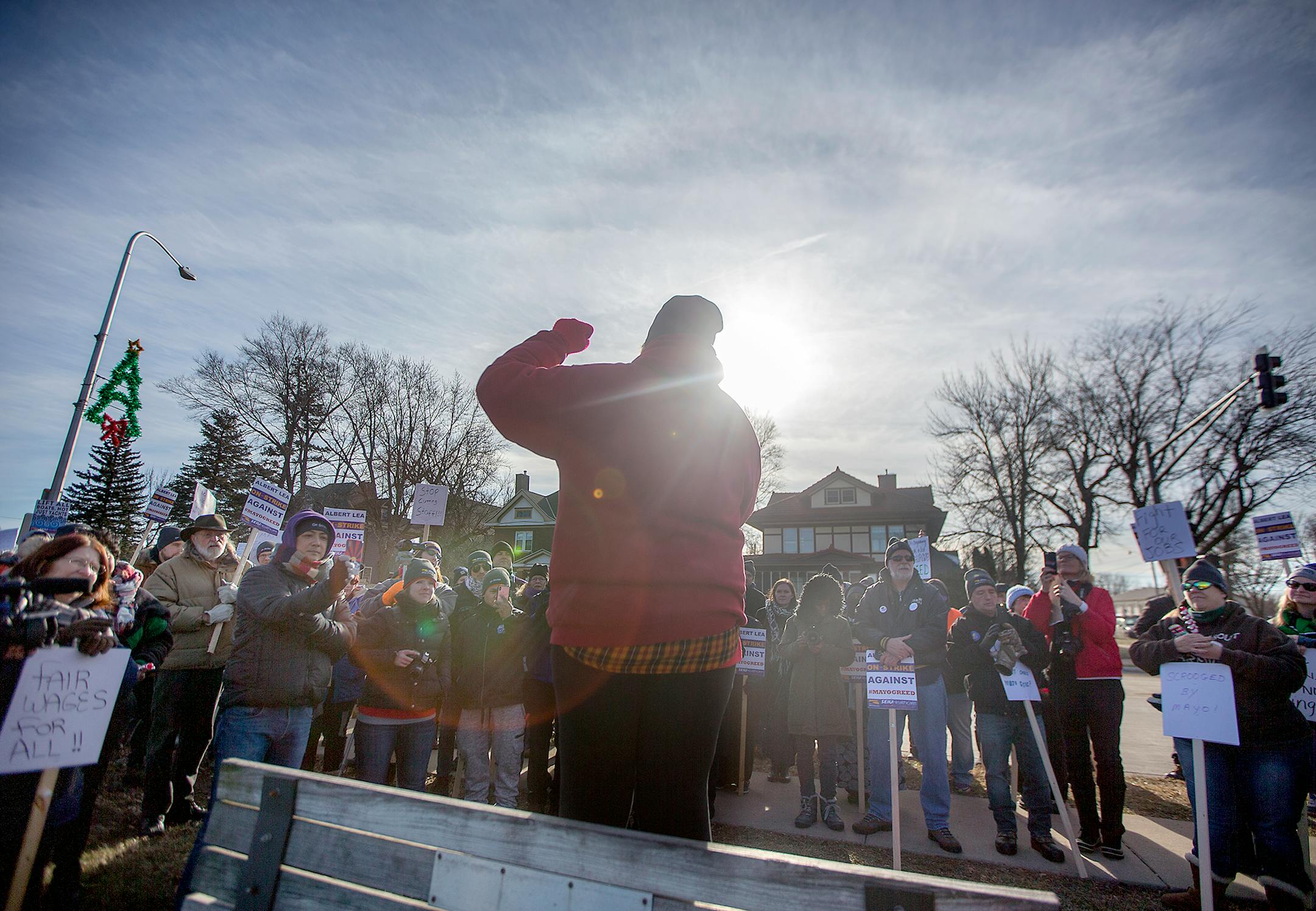 SEIU workers braved the cold wind as they staged a one-day strike at Mayo's hospital, Tuesday, December 19, 2017 in Albert Lea, MN. The strike is part of the ongoing labor-community uprising against Mayo's consolidation of its southern Minnesota hospitals.