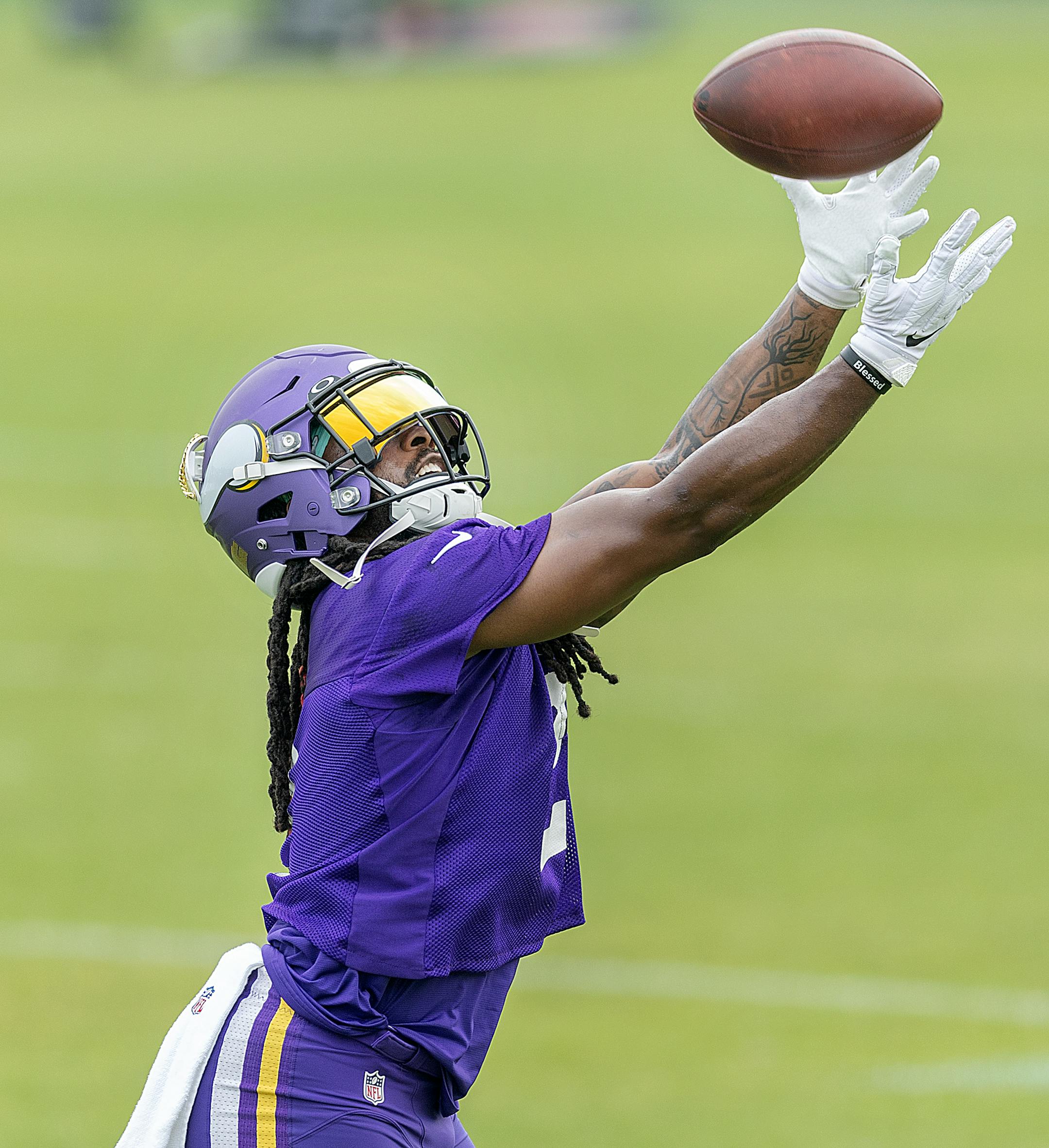 Vikings running back Alexander Mattison runs through drills during practice at the TCO Performance Center in Eagan, Minn., on Tuesday, June 6, 2023.