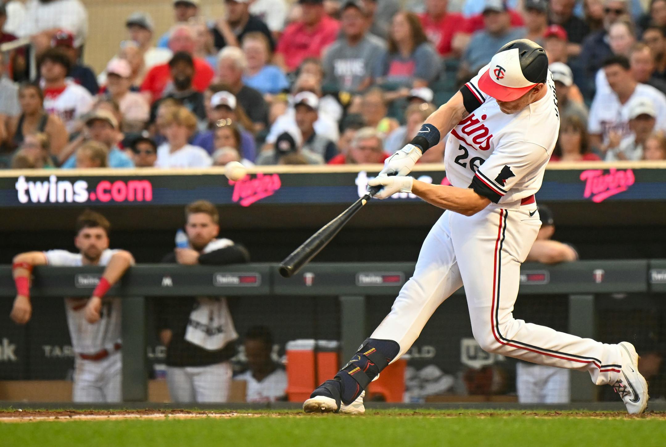 Minnesota Twins right fielder Max Kepler (26) hits a solo home run in the bottom of the 6th inning against the Boston Red Sox Wednesday, June 21, 2023, at Target Field in Minneapolis, Minn.
