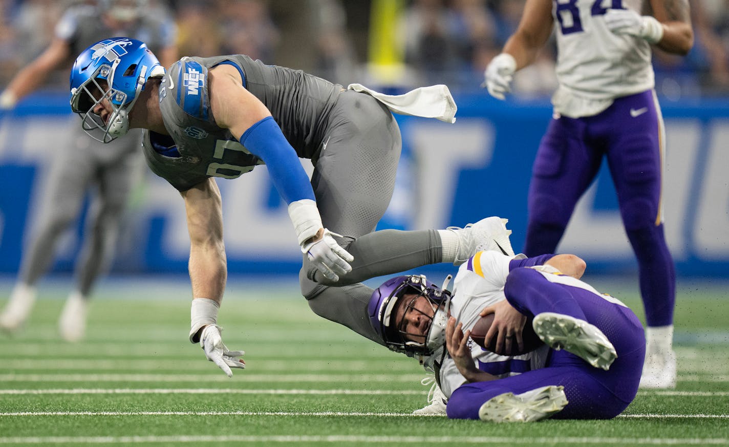 Detroit Lions defensive end Aidan Hutchinson (97) sacked Minnesota Vikings quarterback Nick Mullens (12) in the second quarter for six yard loss Sunday January ,7 2024 in, Detroit, Mich. ] JERRY HOLT • jerry.holt@startribune.com