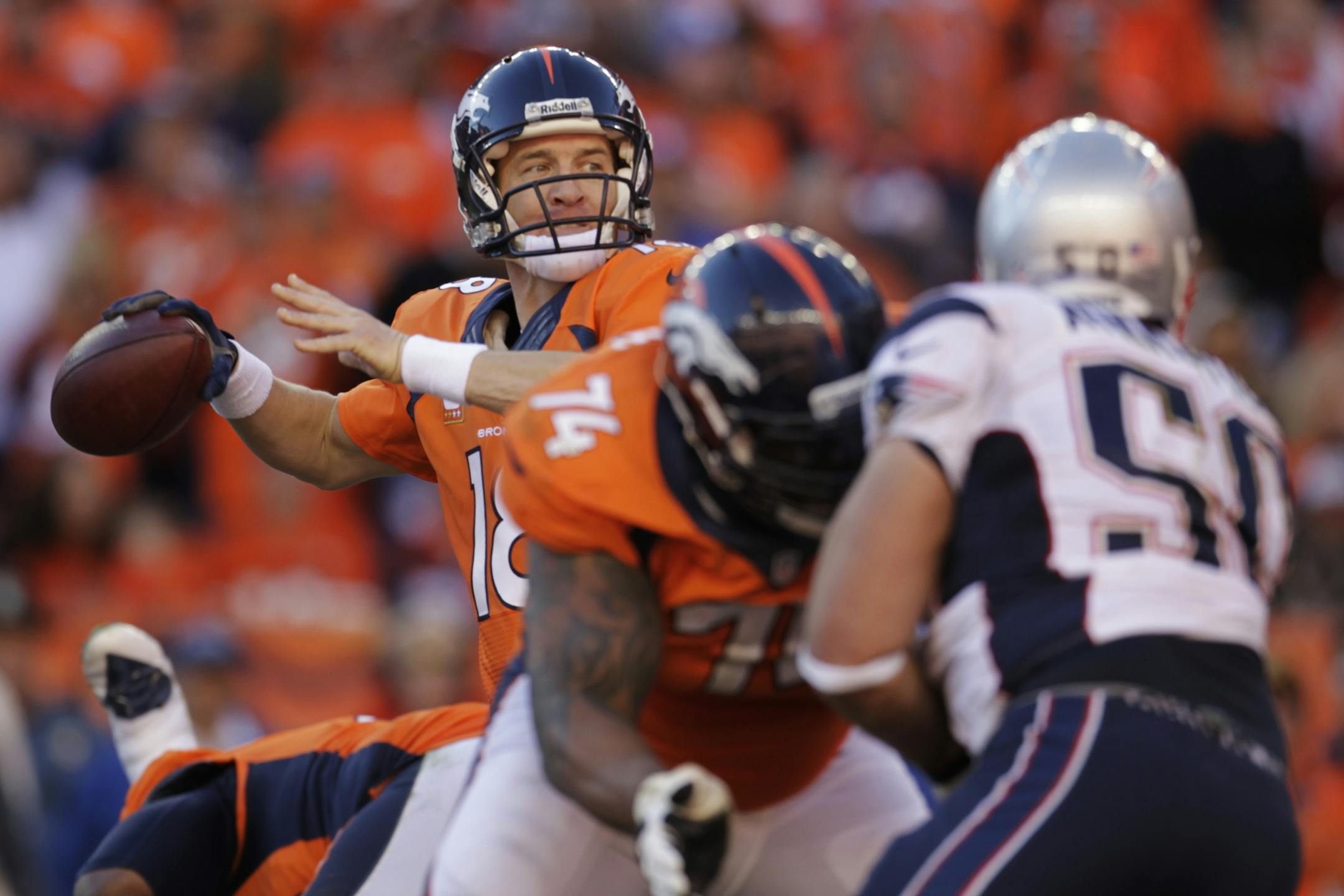 Denver Broncos quarterback Peyton Manning (18) passes during the second half of the AFC Championship NFL playoff football game against the New England Patriots in Denver, Sunday, Jan. 19, 2014.