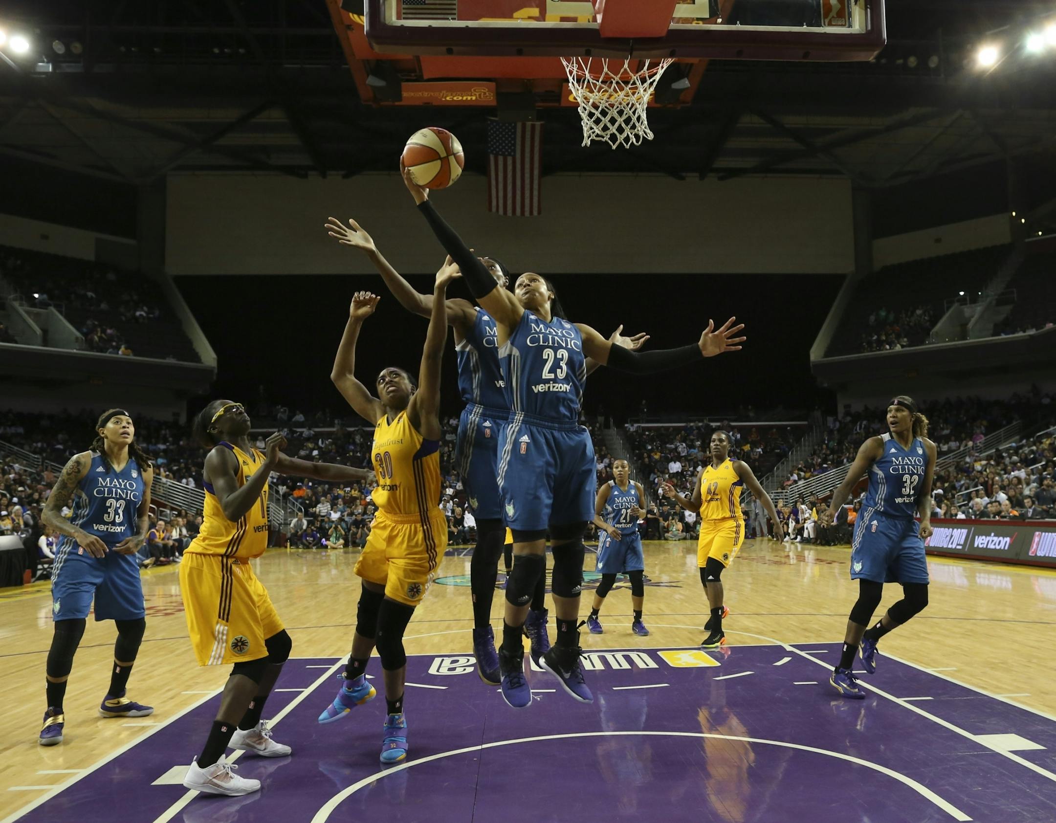 Minnesota Lynx forward Maya Moore (23) grabbed a defensive rebound in the second half.