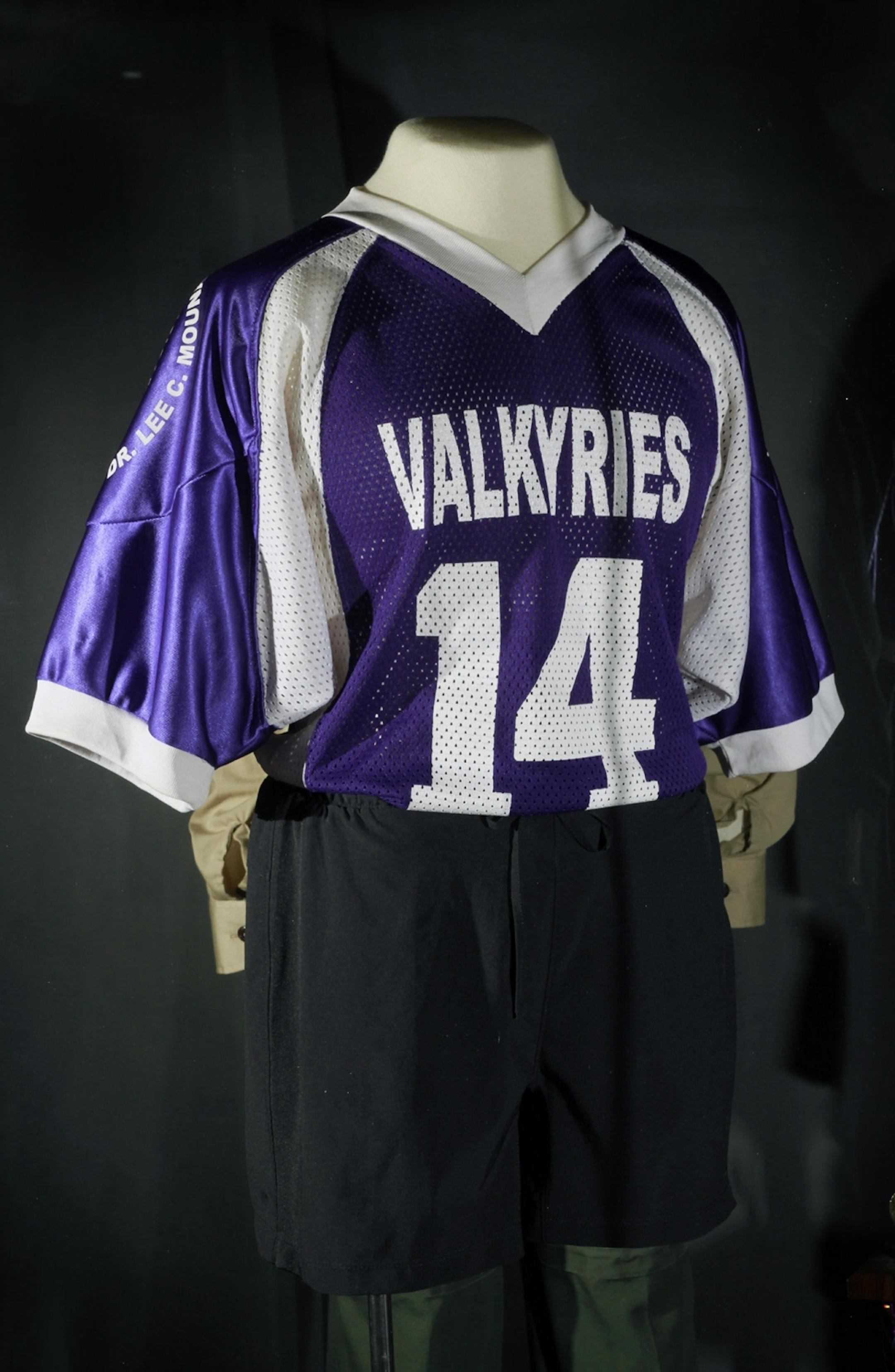 Hmong in Minnesota exhibit at the Minnesota History Center - artifact -jersey of a flag football league in St. Paul, MN - Valkyries flag football jersey, courtesy Elisabeth Thao, St. Paul