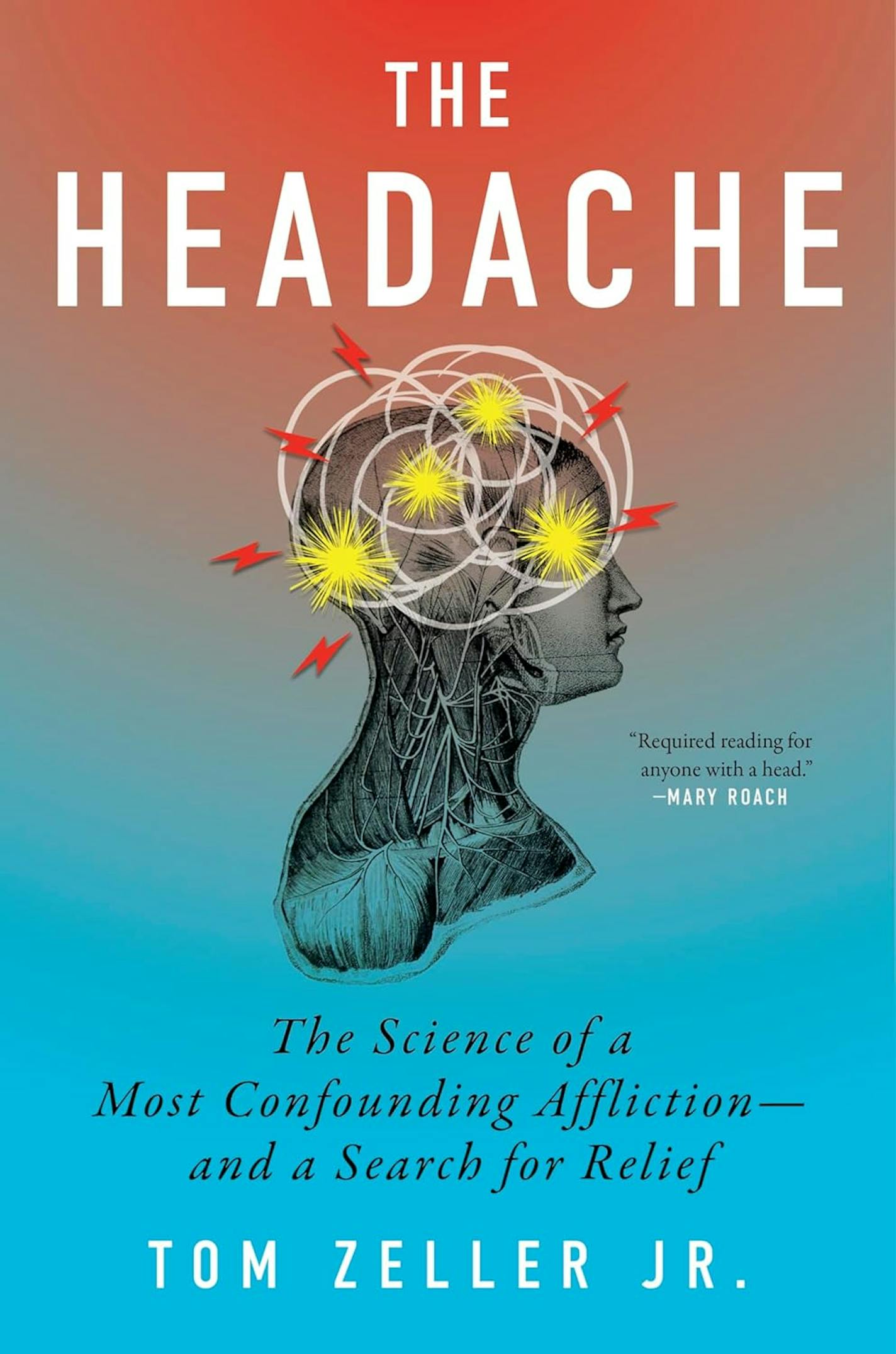 cover of the Headache, against a blue and orange backdrop, is a scientific illustration of a person's head and shoulders