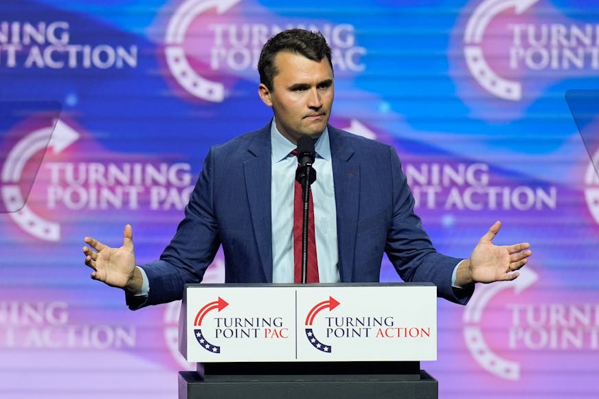 Turning Point USA Founder Charlie Kirk speaks during a campaign rally, Oct. 24, 2024, in Las Vegas.
