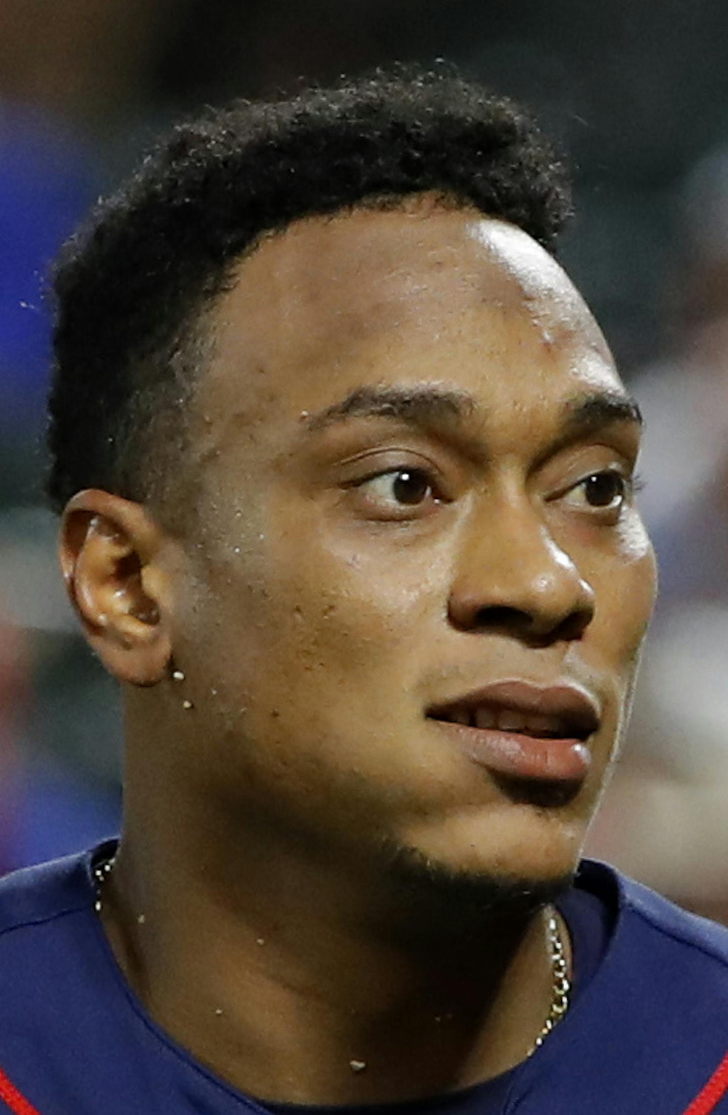 Minnesota Twins' Jorge Polanco jogs to the dugout after scoring in a baseball game against the Texas Rangers in Arlington, Texas, Saturday, Aug. 17, 2019. (AP Photo/Tony Gutierrez)