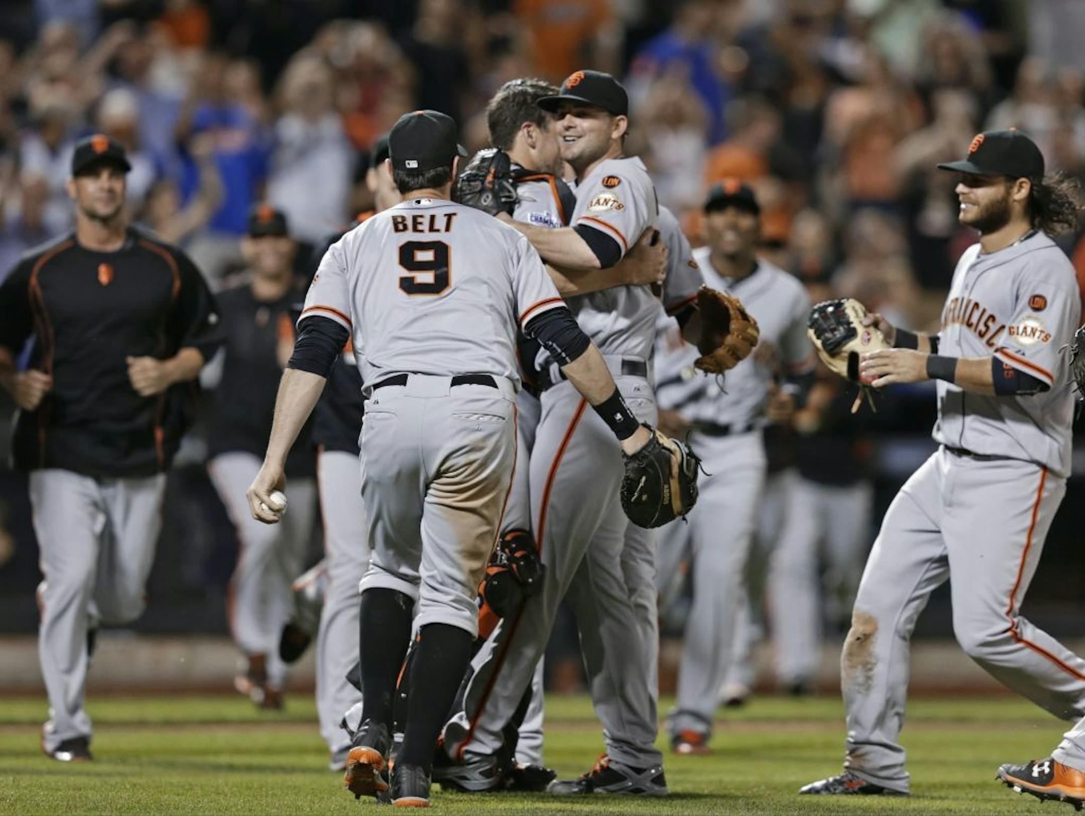 Chris Heston, center right, celebrates with Giants teammates after he threw a no-hitter against the New York Mets on June 9, 2015. He was claimed off waivers by the Twins.