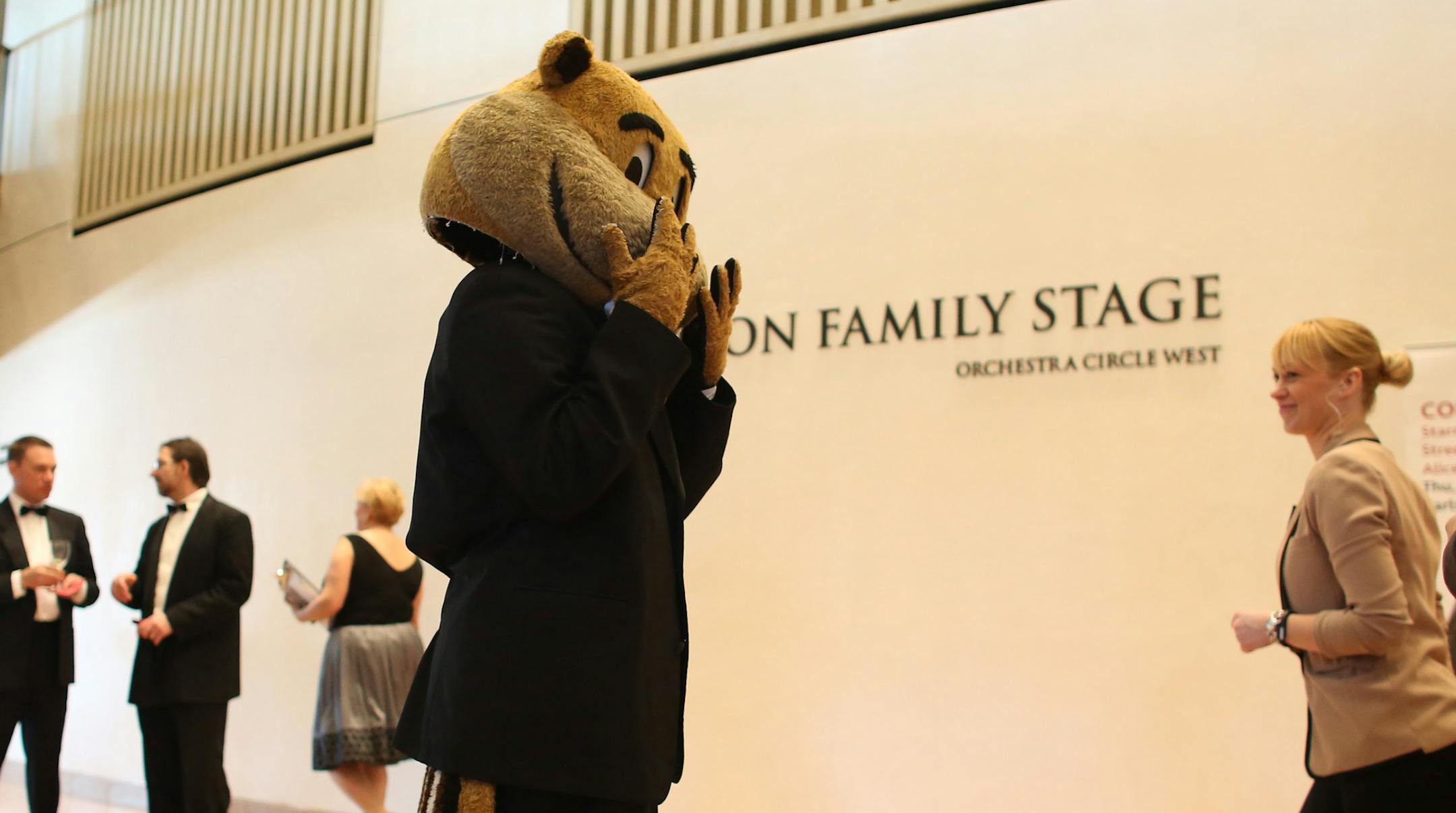Goldy Gopher laughed with guests as they mingled before the American Ballet Theatre performance of Giselle. ] (KYNDELL HARKNESS/STAR TRIBUNE) kyndell.harkness@startribune.com At the newly remodeled Northrop Auditorium in Minneapolis, Min, Friday, April 4, 2014.
