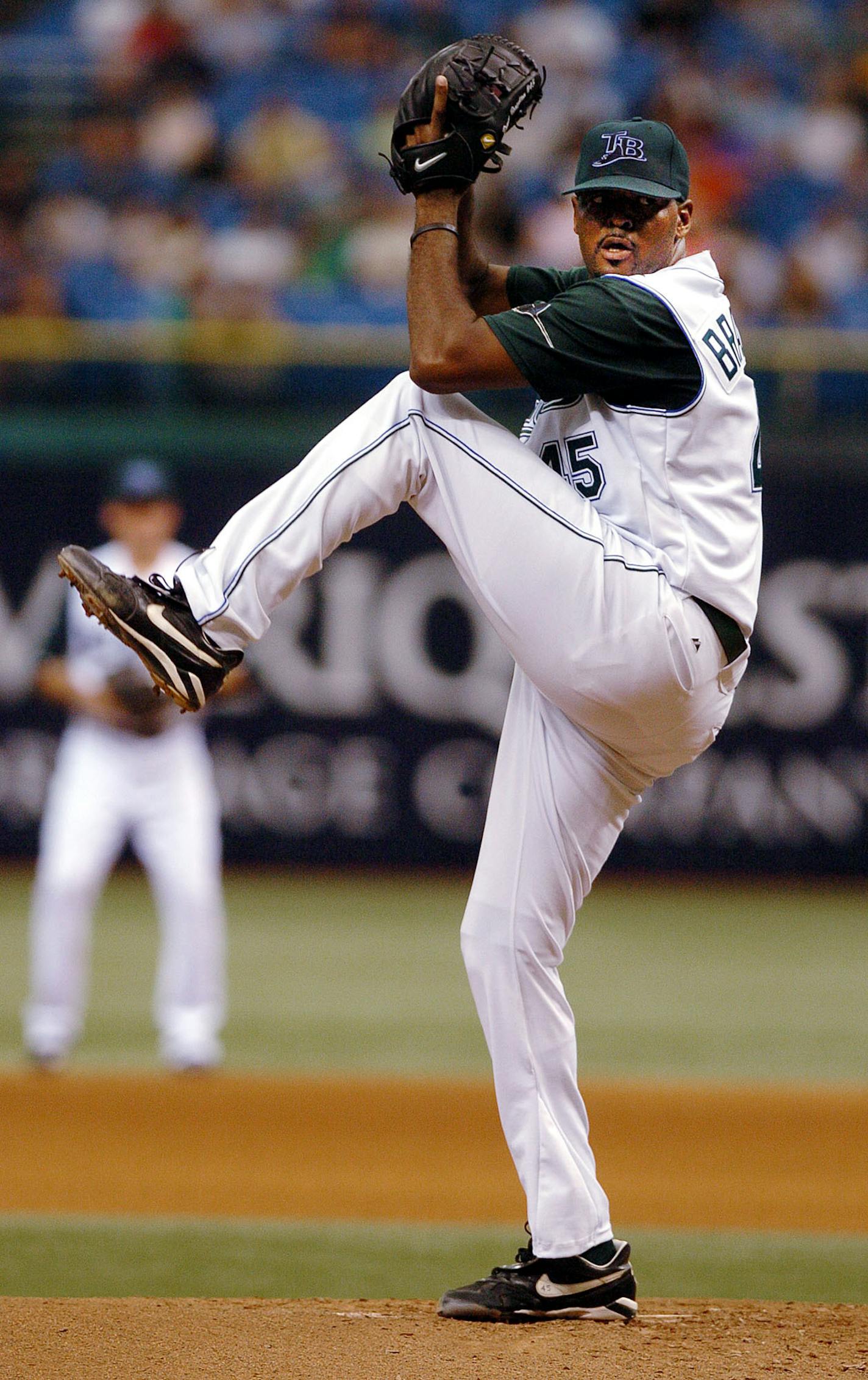 Tampa Bay Devil Rays starter Dewon Brazelton pitches against the Oakland Athletics during the second inning Sunday, April 10, 2005, in St. Petersburg, Fla. (AP Photo/Steve Nesius) ORG XMIT: SPD102